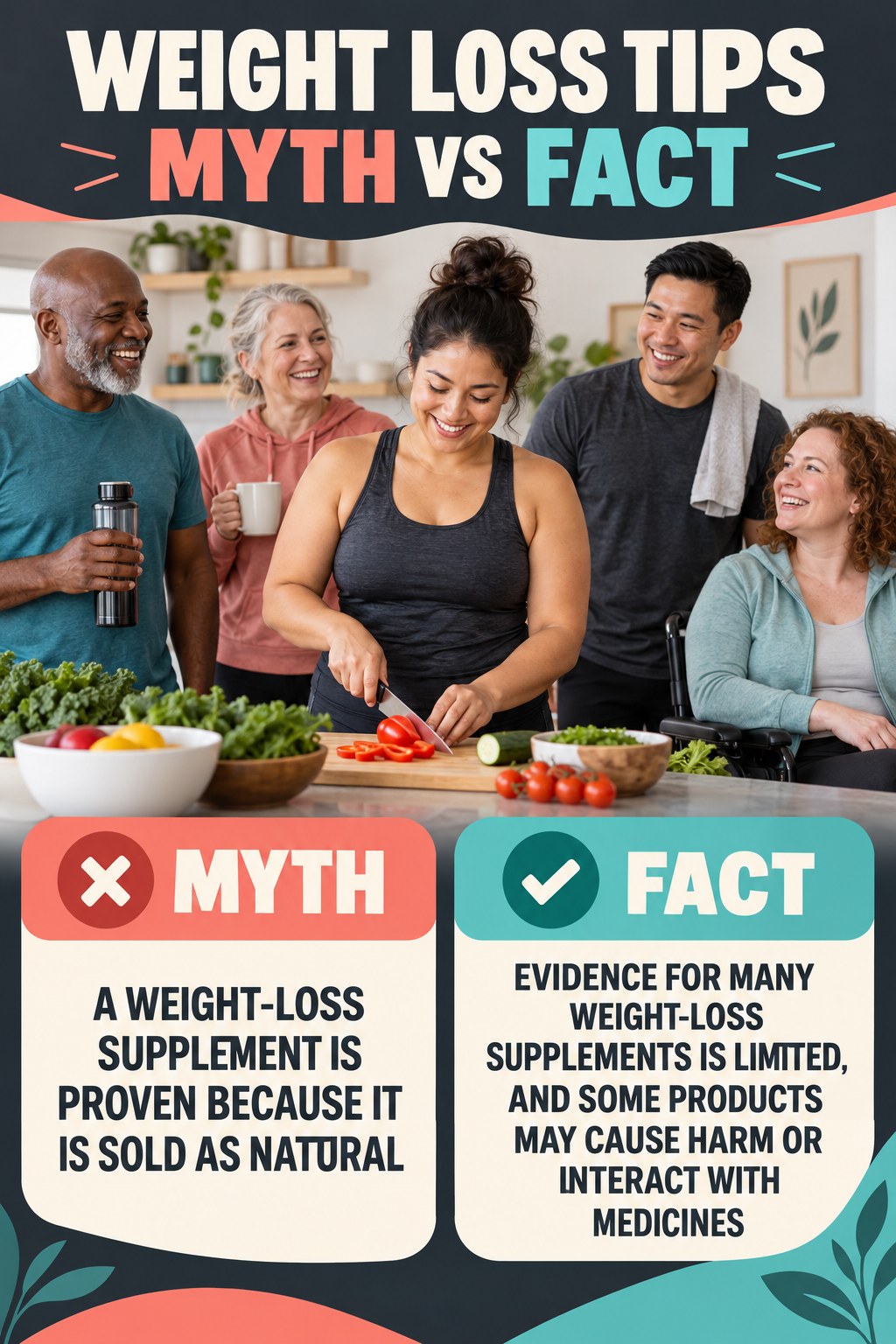 Weight Loss Tips Myth vs Fact graphic correcting the misconception about weight-loss supplements.
