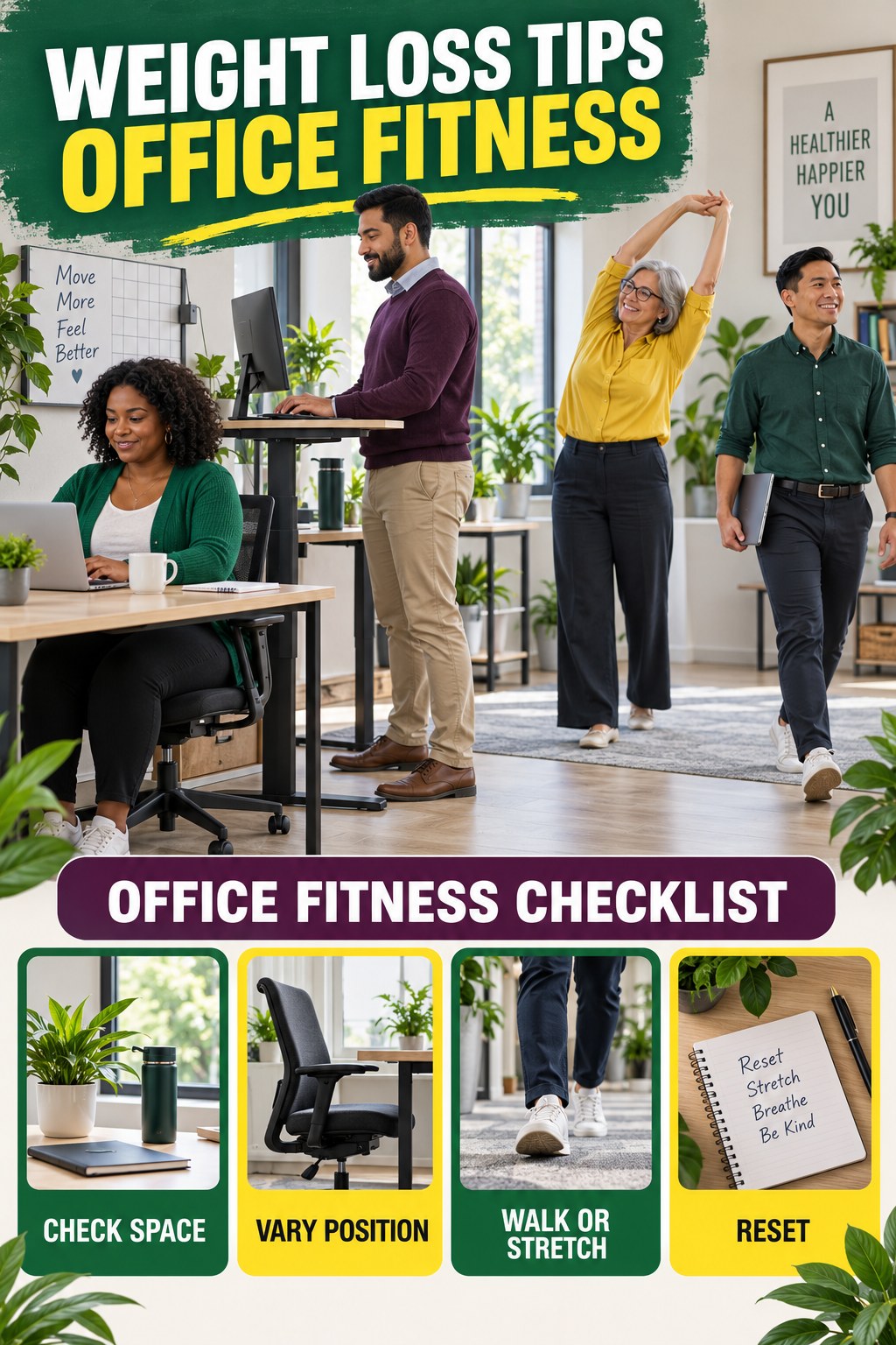 Weight Loss Tips office-fitness graphic titled Office Fitness Checklist with four practical workday movement prompts.
