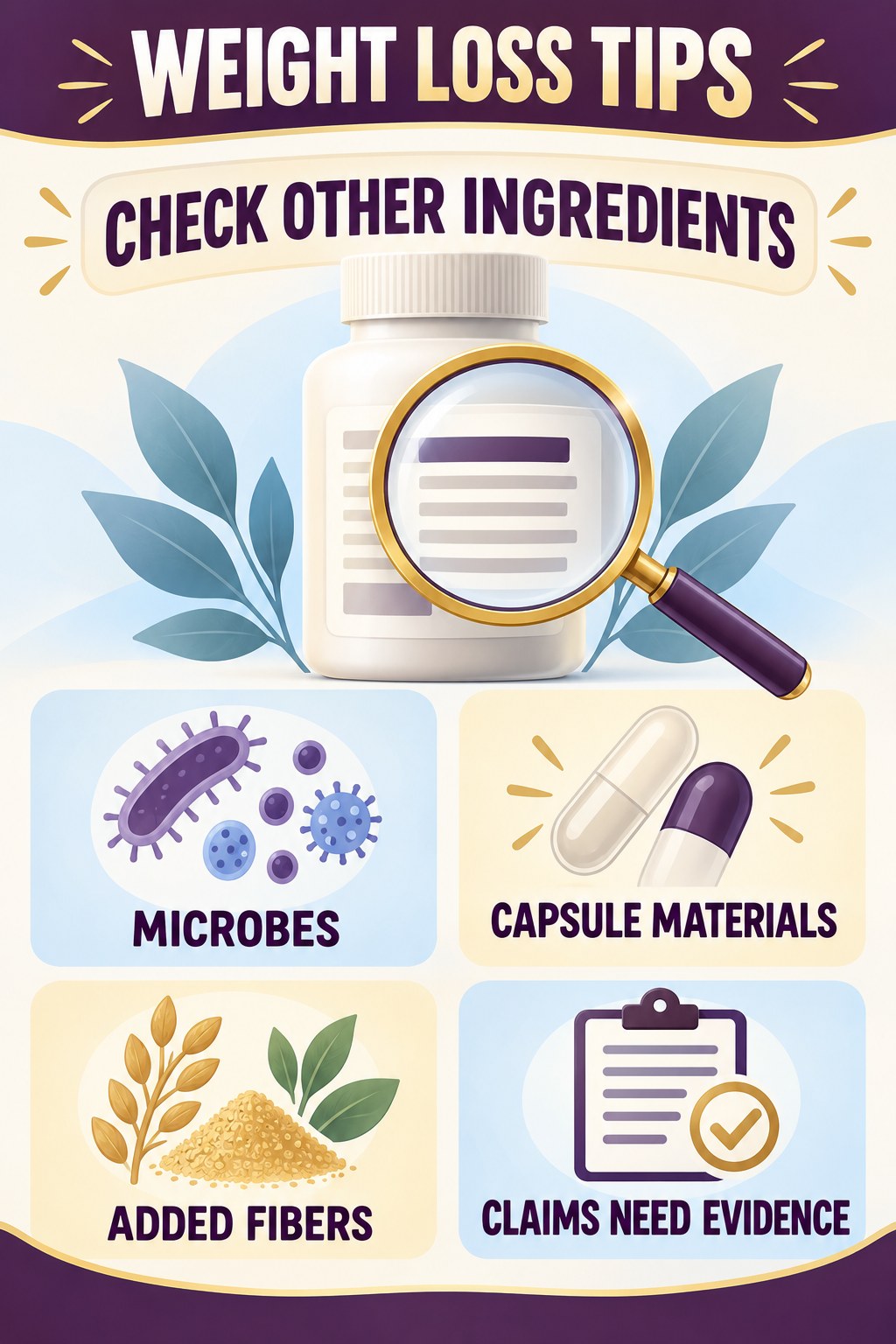 Other Ingredients Deserve Their Own Check infographic for Weight Loss Tips with four concise probiotic-label reading points.