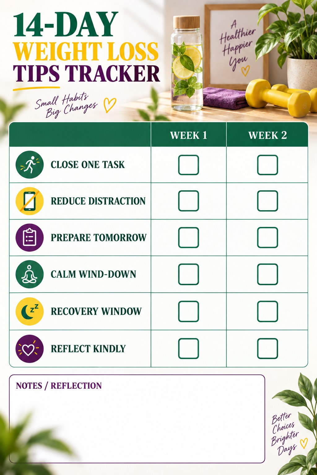 14-Day Weight Loss Tips printable-style tracker graphic with six labeled rows, empty checkboxes, and a reflection area.