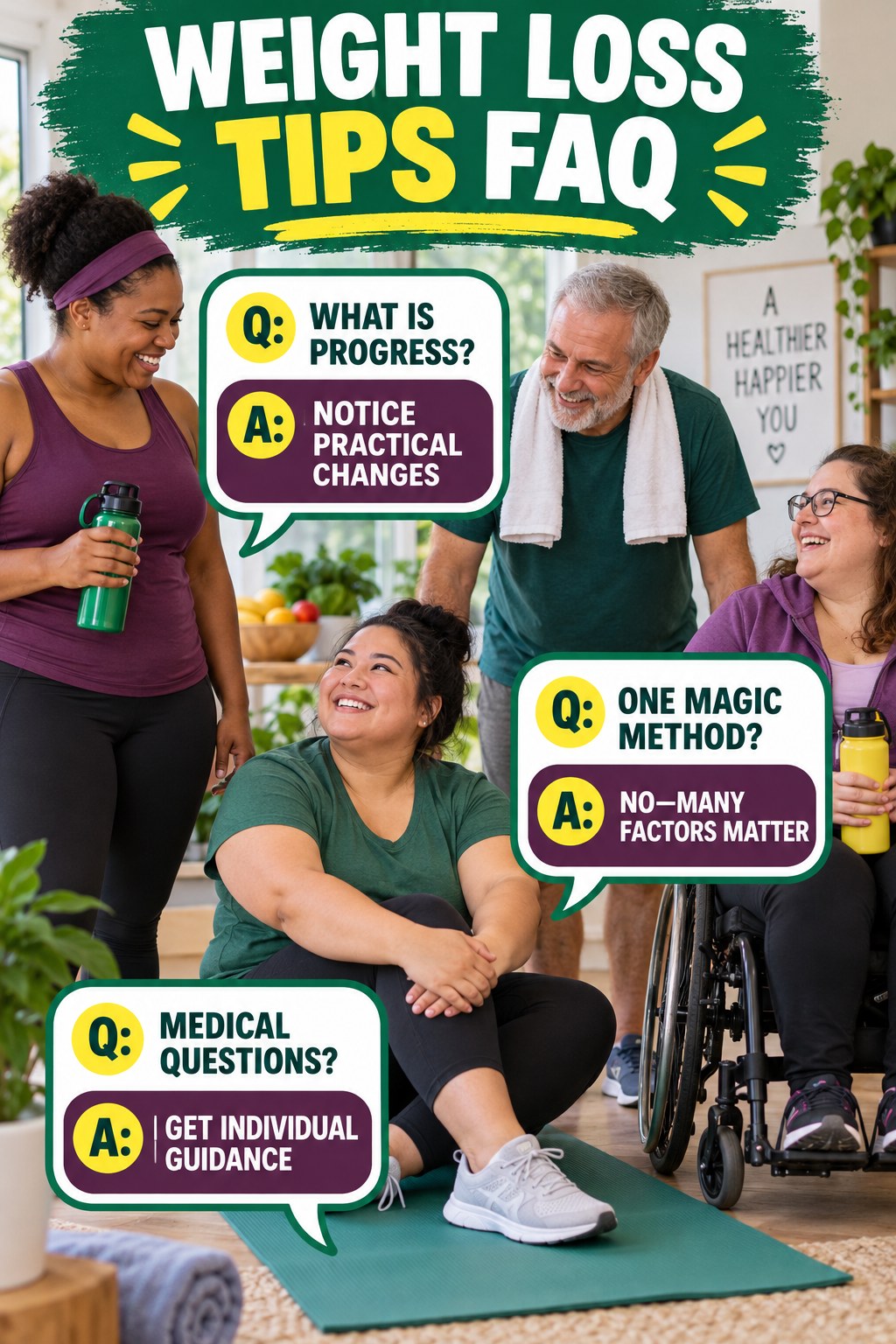Weight Loss Tips FAQ graphic with three concise questions and practical answers for beginners.