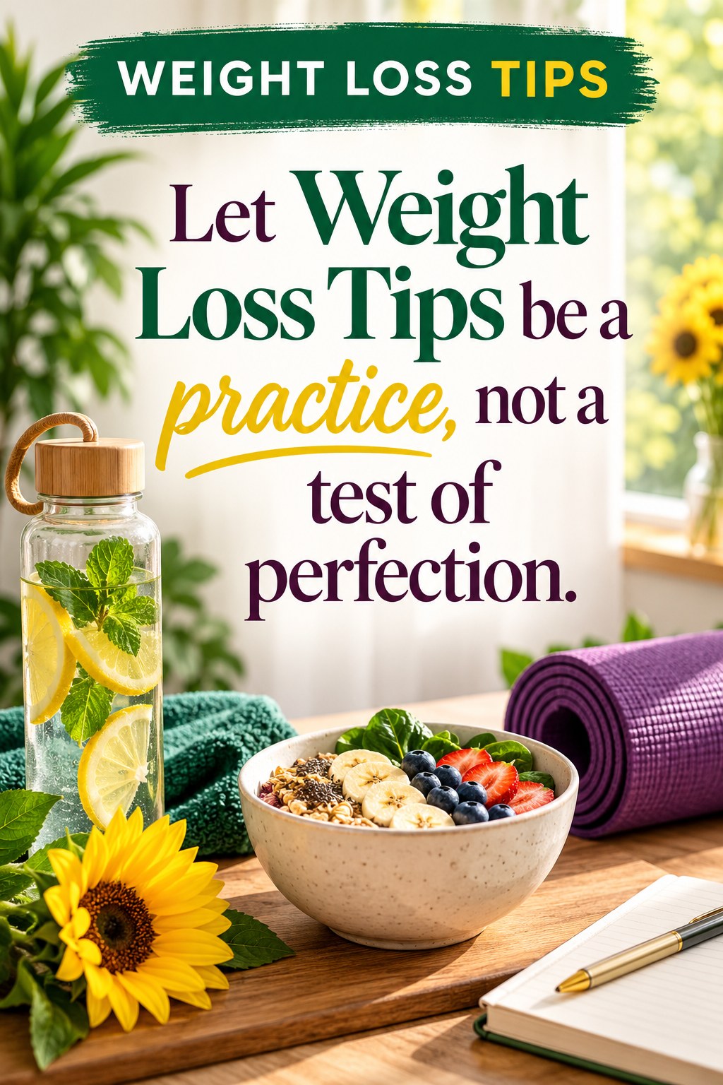 Original Weight Loss Tips quote graphic reading “Let Weight Loss Tips be a practice, not a test of perfection.” in a board-relevant editorial design.