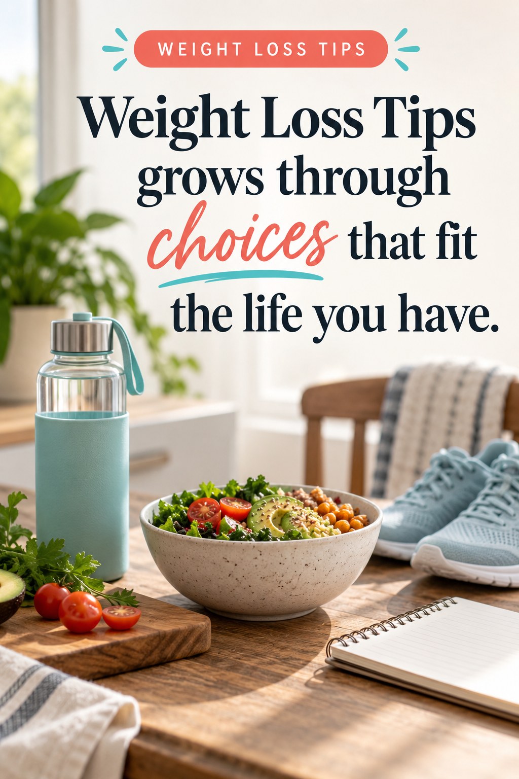 Original Weight Loss Tips quote graphic reading “Weight Loss Tips grows through choices that fit the life you have.” in a board-relevant editorial design.