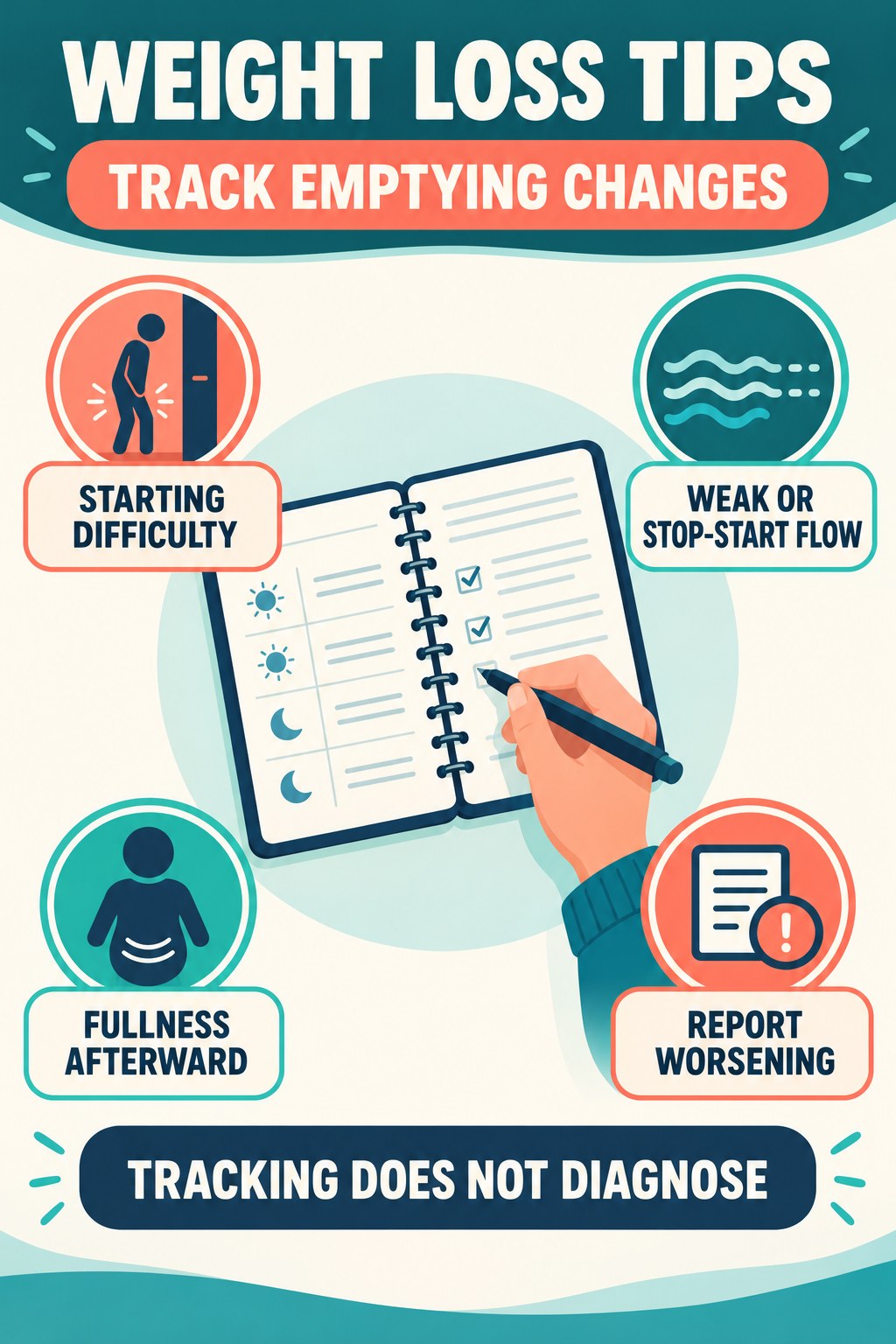 Record Stream and Emptying Changes urinary symptom tracking infographic for Weight Loss Tips with four practical diary points and a non-diagnostic reminder.