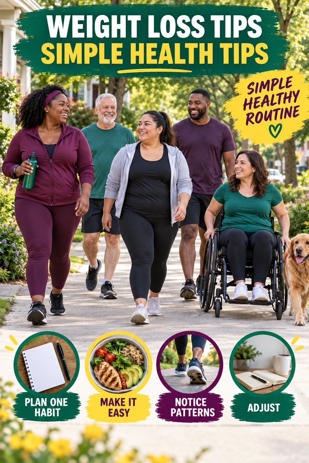 Weight Loss Tips simple-health graphic titled Simple Healthy Routine with four practical wellness prompts.