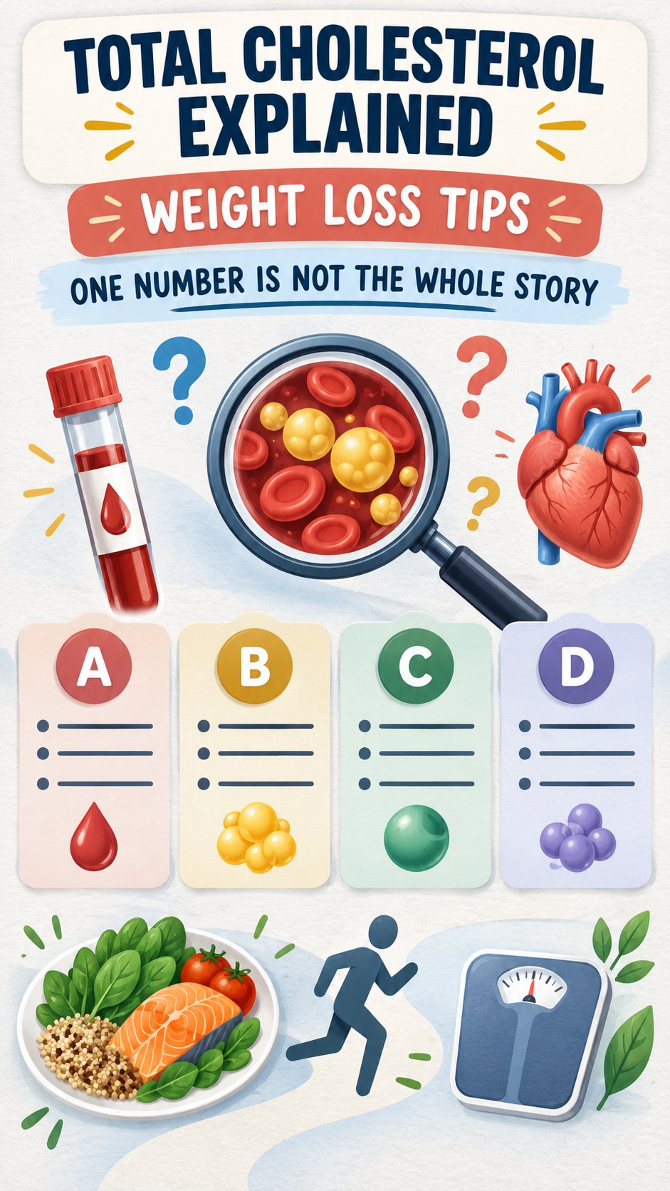 Total Cholesterol Interpretation Guide infographic for Weight Loss Tips, using a non-numerical educational lipid-panel layout with question and context icons.