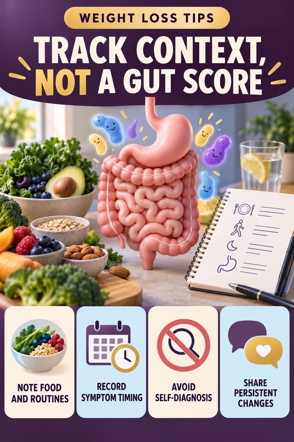 Track Habits and Symptoms, Not a Gut Score educational infographic for Weight Loss Tips with four evidence-aware points.