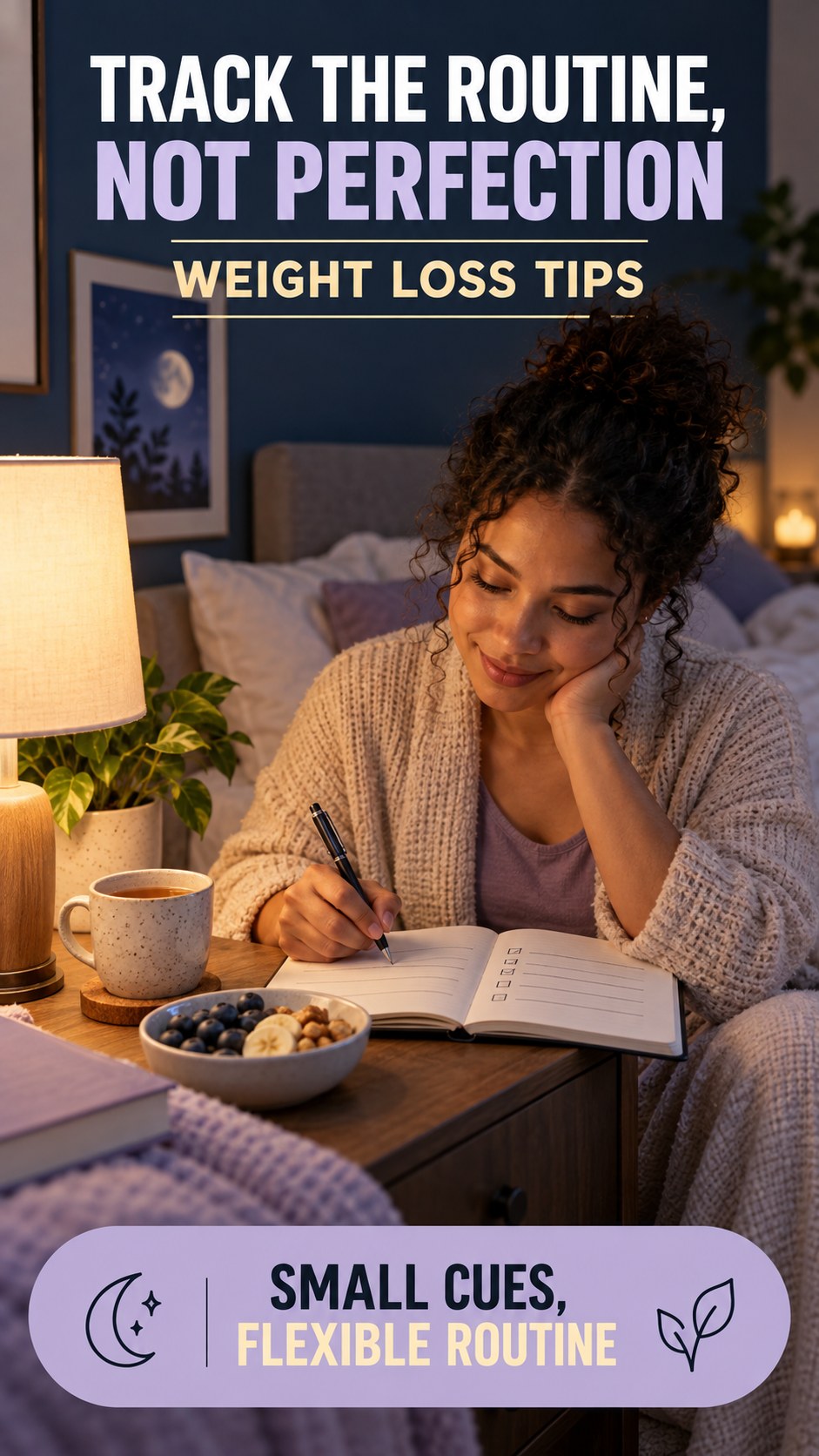 Sleep Habit Tracking infographic for Weight Loss Tips, showing a flexible and calming evening wellness routine.