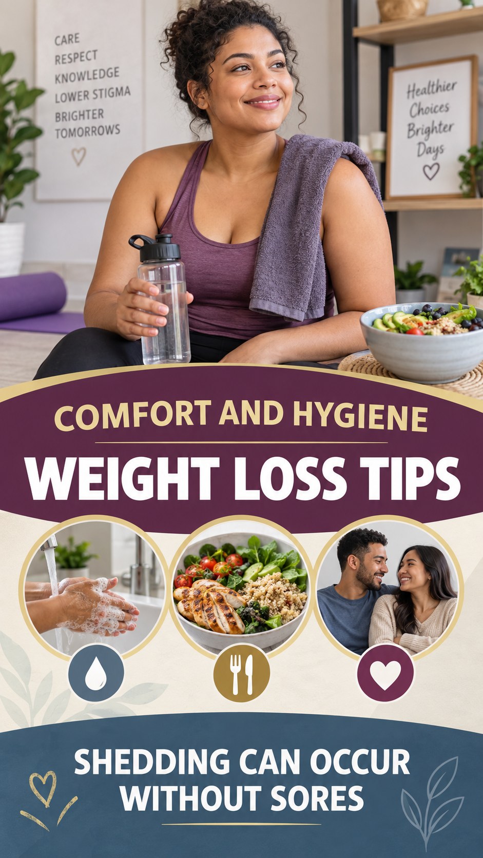 Transmission-Aware Self-Care infographic for Weight Loss Tips, presenting respectful general HSV self-care comfort, hygiene, and safety education.