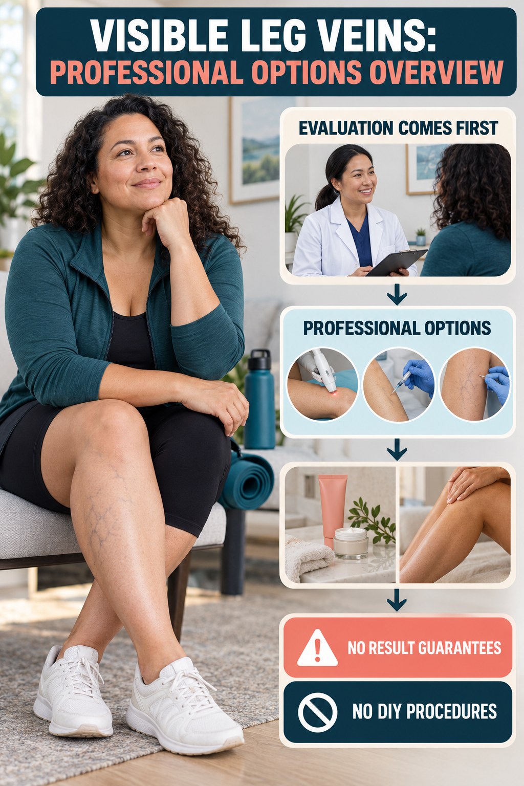 Professional Options Overview infographic for Weight Loss Tips, showing body-neutral visible-leg-vein appearance care and the boundary between temporary cosmetic support and treatment.
