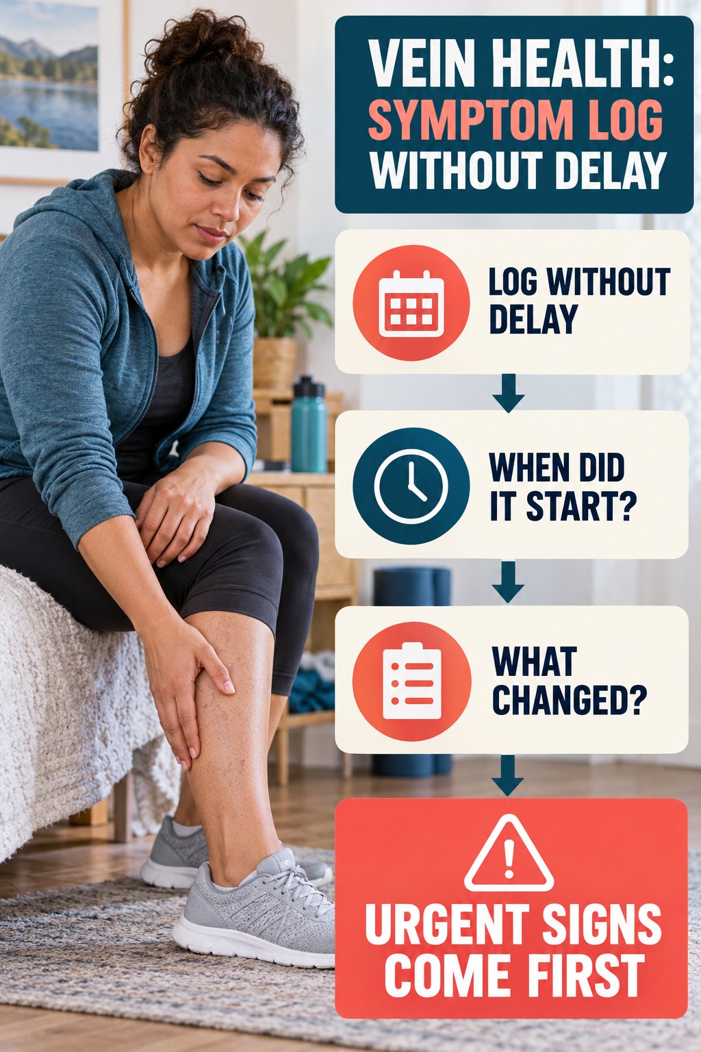 Symptom Log Without Delay infographic for Weight Loss Tips, explaining vein-health warning signs and the appropriate next action without diagnosing a condition.