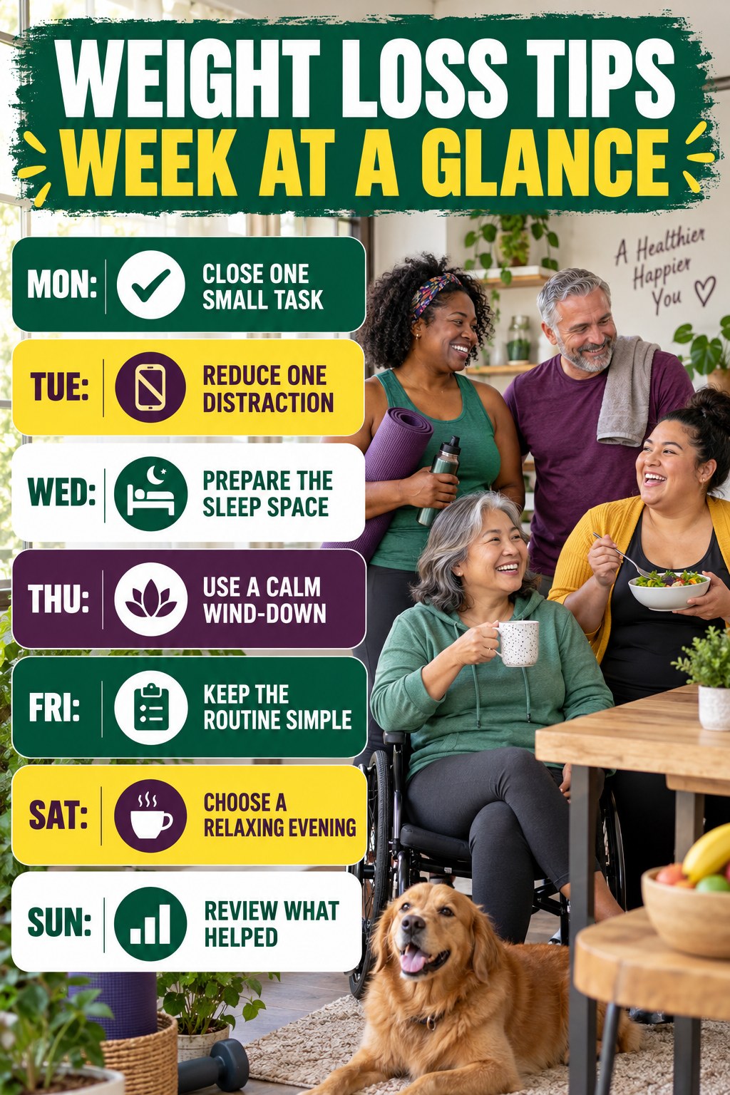 Weekly Weight Loss Tips plan graphic with concise Monday-to-Sunday actions and flexible recovery guidance.