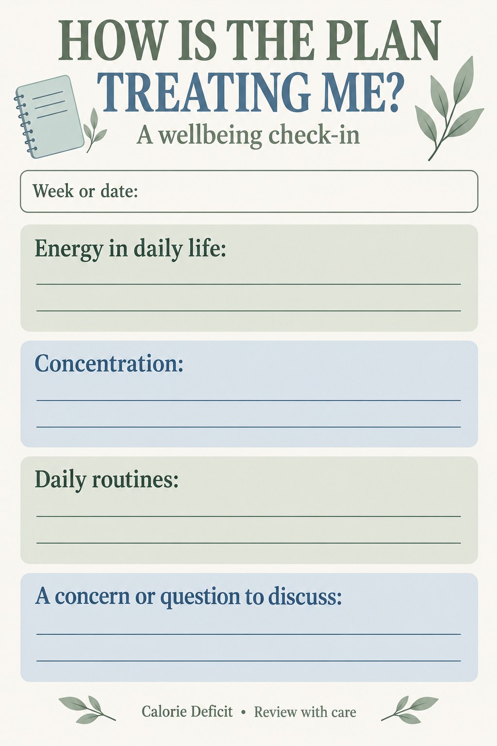 Blank wellbeing review card with fields for energy, concentration, daily routines, and a question to discuss