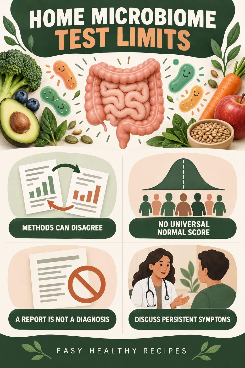 What Home Microbiome Tests Cannot Diagnose educational infographic for Easy Healthy Recipes with four evidence-aware points.