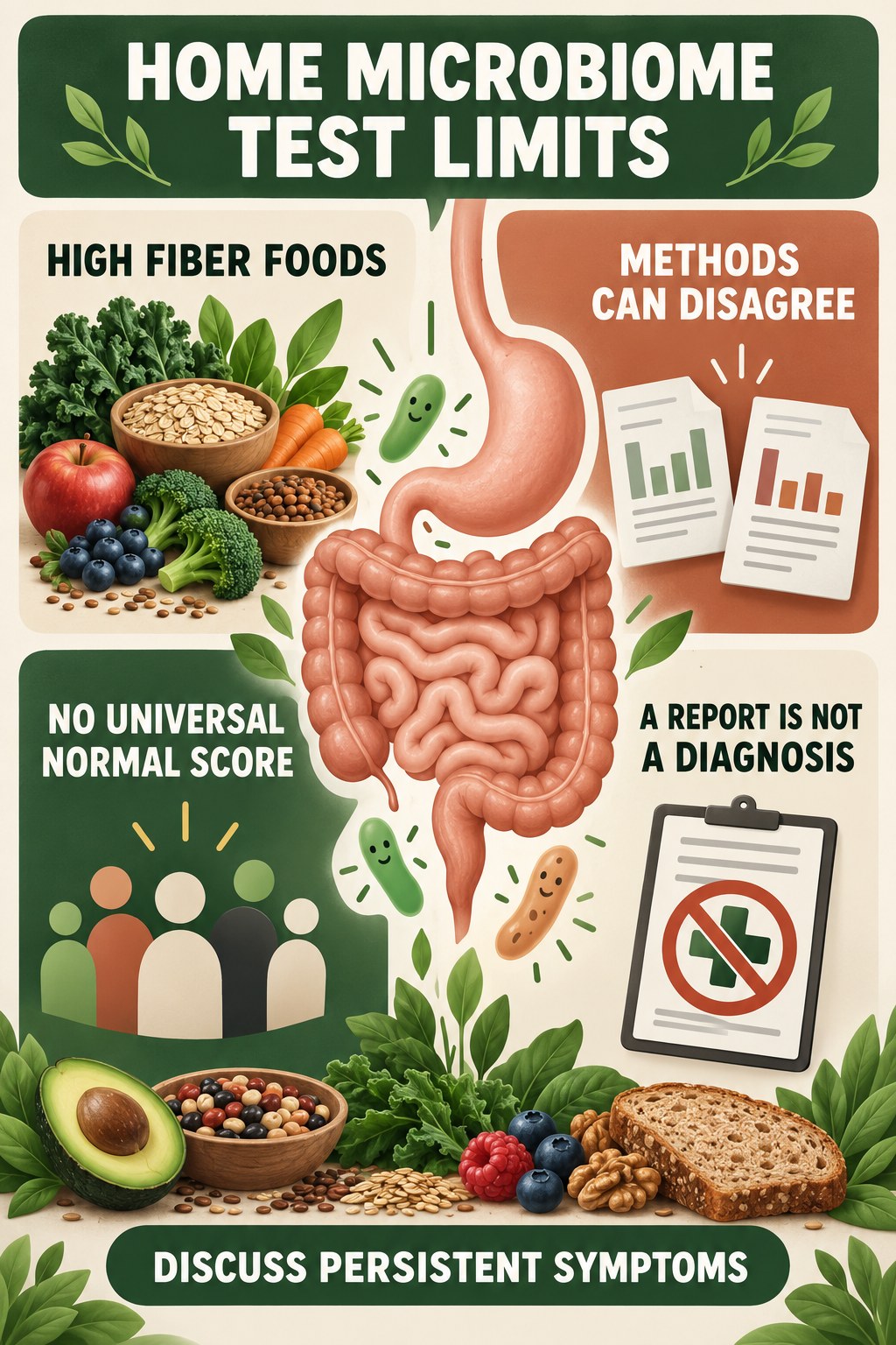 What Home Microbiome Tests Cannot Diagnose educational infographic for High Fiber Foods with four evidence-aware points.