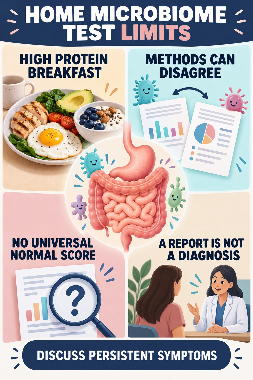 What Home Microbiome Tests Cannot Diagnose educational infographic for High Protein Breakfast with four evidence-aware points.