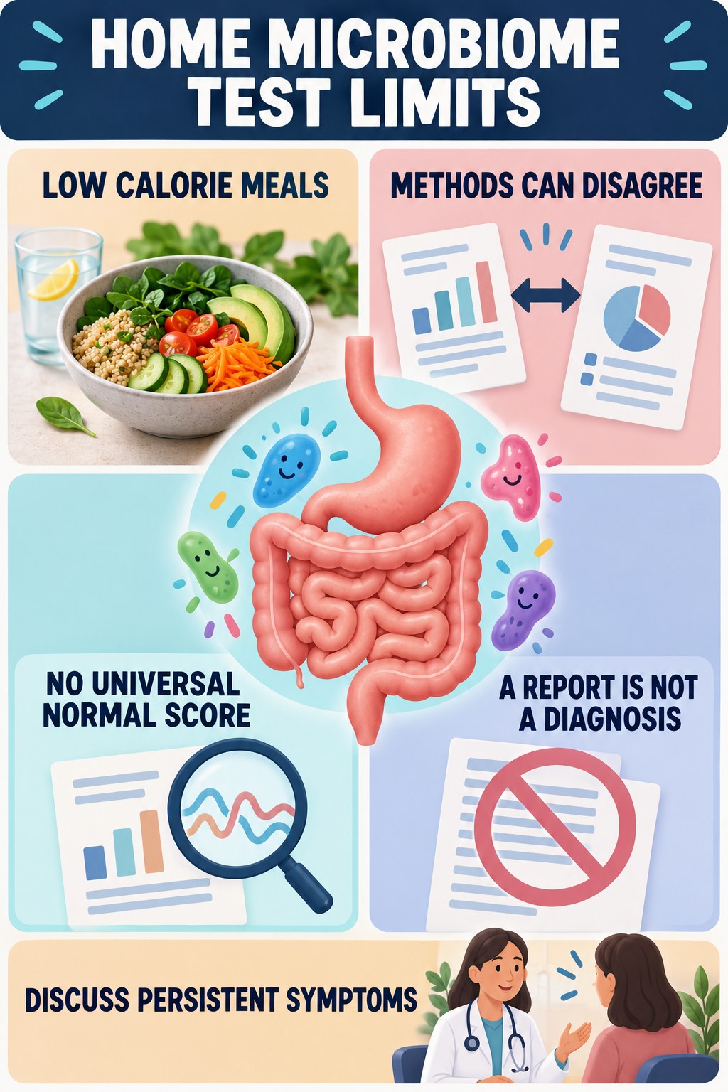 What Home Microbiome Tests Cannot Diagnose educational infographic for Low Calorie Meals with four evidence-aware points.