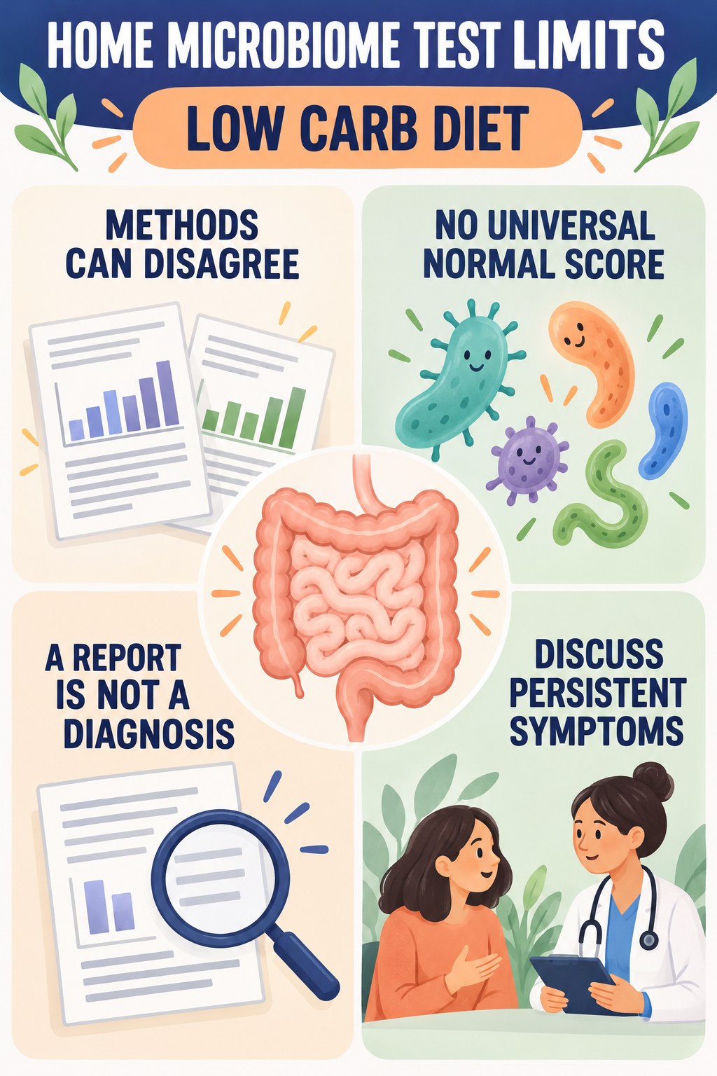 What Home Microbiome Tests Cannot Diagnose educational infographic for Low Carb Diet with four evidence-aware points.