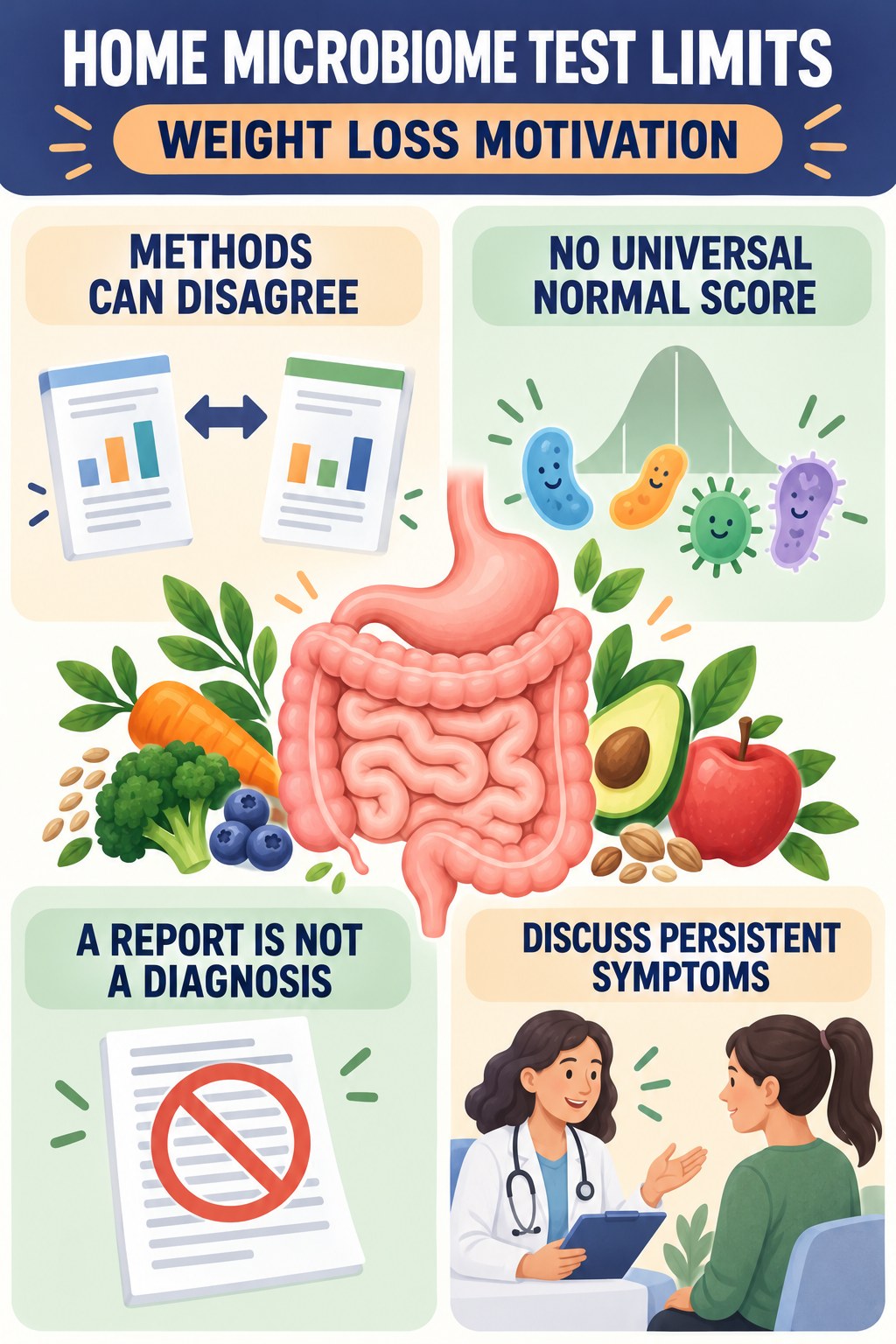 What Home Microbiome Tests Cannot Diagnose educational infographic for Weight Loss Motivation with four evidence-aware points.