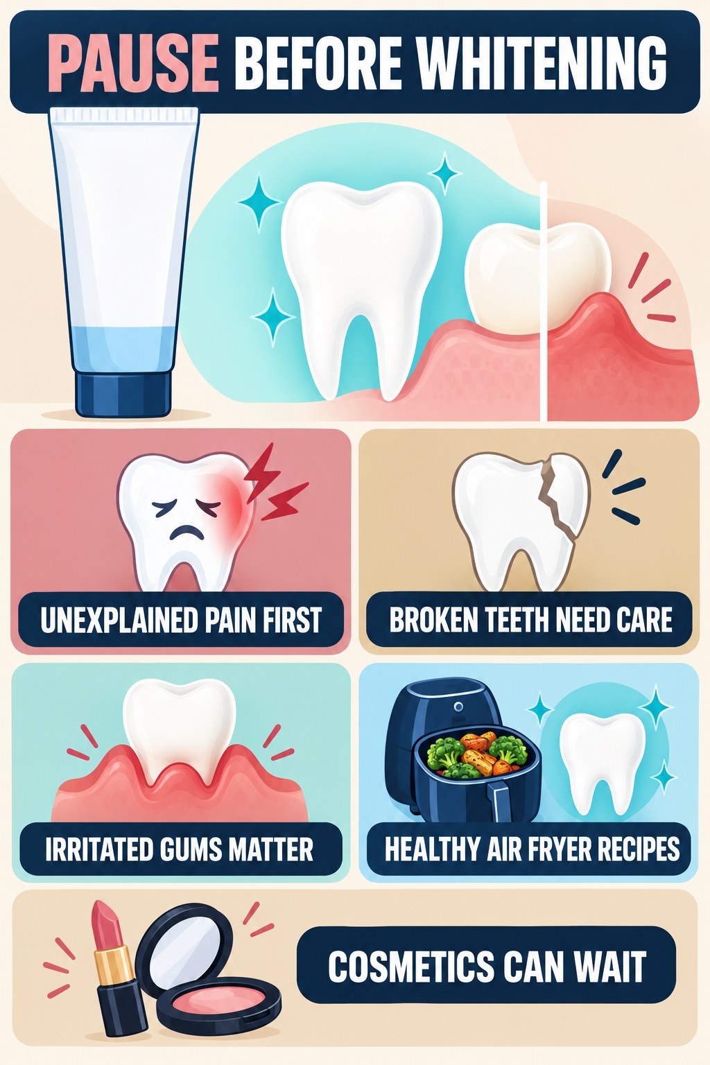 When Not to Start Whitening infographic for Healthy Air Fryer Recipes with four concise whitening-gel-pen safety points.