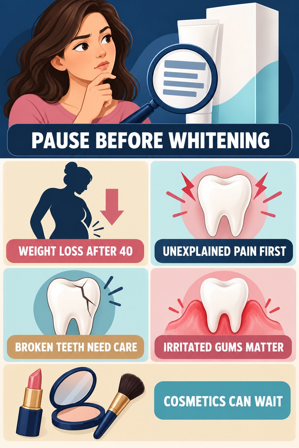 When Not to Start Whitening infographic for Weight Loss After 40 with four concise whitening-gel-pen safety points.