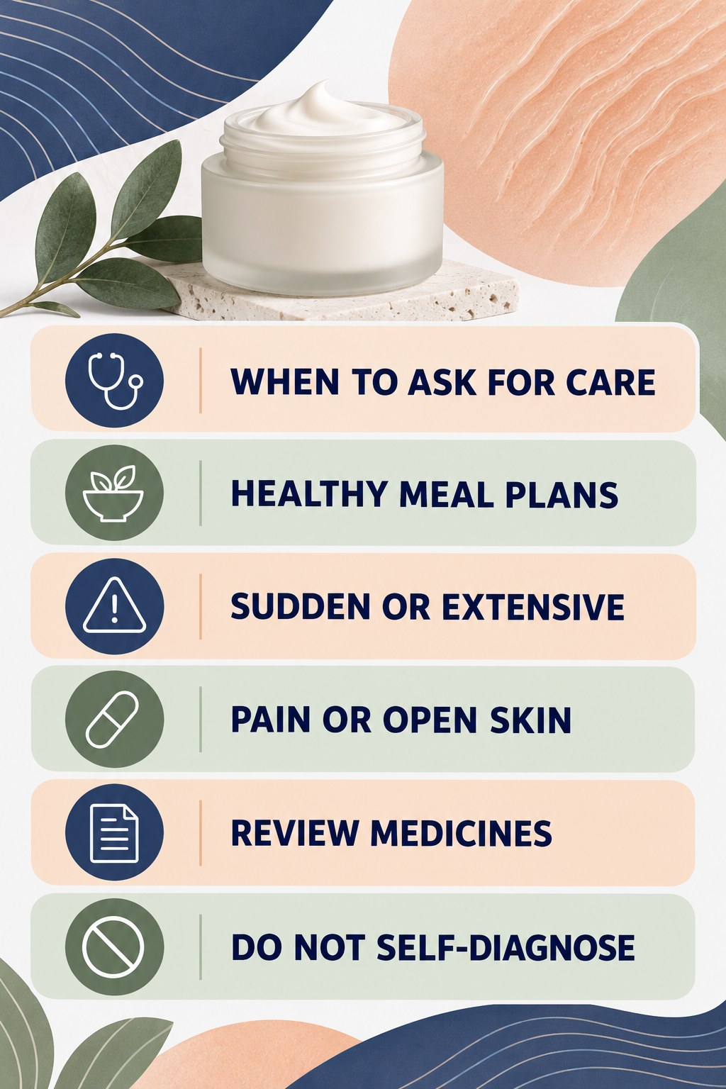 When Stretch Marks Deserve Medical Discussion infographic for Healthy Meal Plans with four concise, body-neutral stretch-mark skincare points.