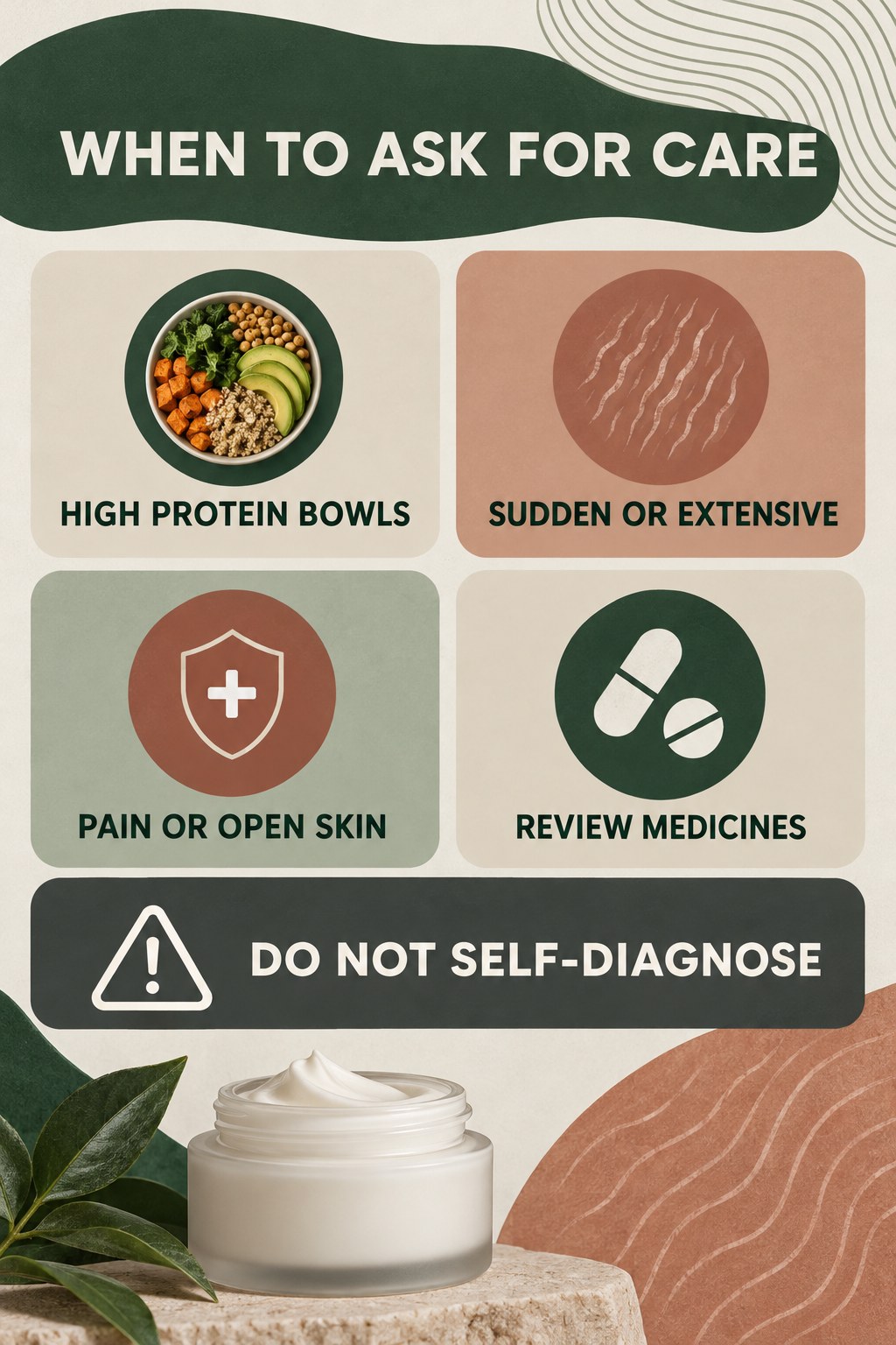 When Stretch Marks Deserve Medical Discussion infographic for High Protein Bowls with four concise, body-neutral stretch-mark skincare points.