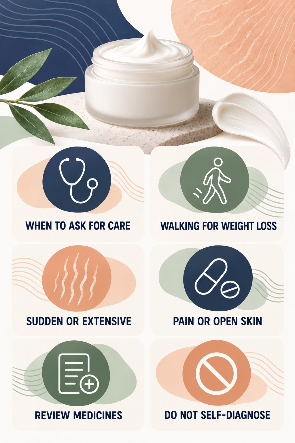 When Stretch Marks Deserve Medical Discussion infographic for Walking for Weight Loss with four concise, body-neutral stretch-mark skincare points.