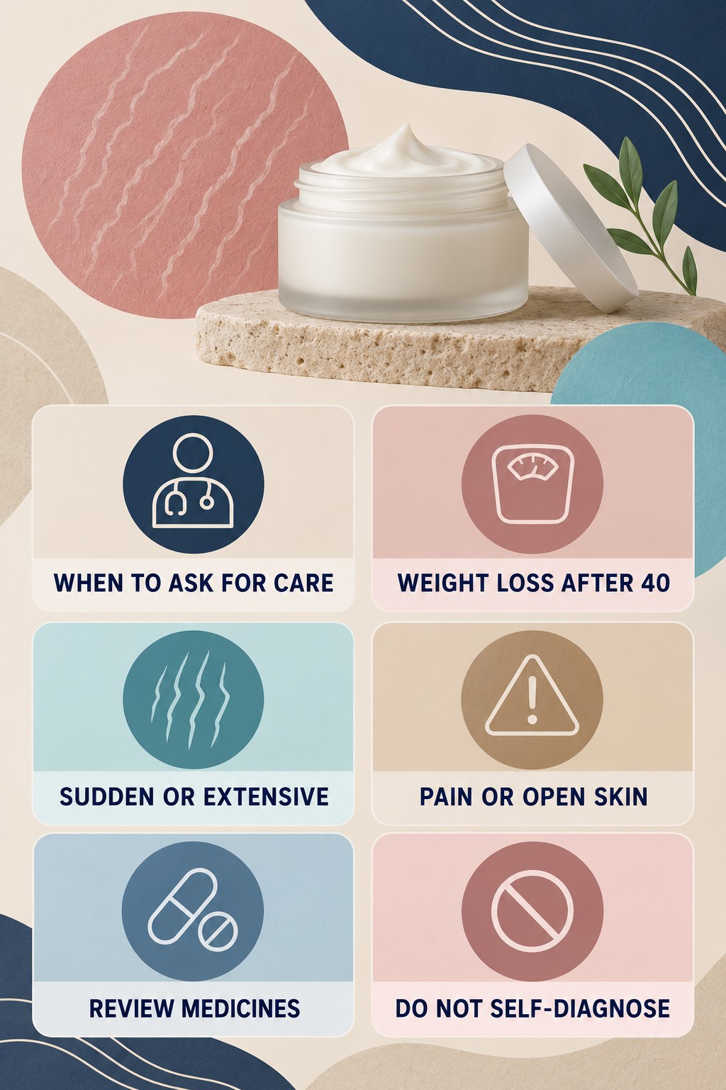 When Stretch Marks Deserve Medical Discussion infographic for Weight Loss After 40 with four concise, body-neutral stretch-mark skincare points.