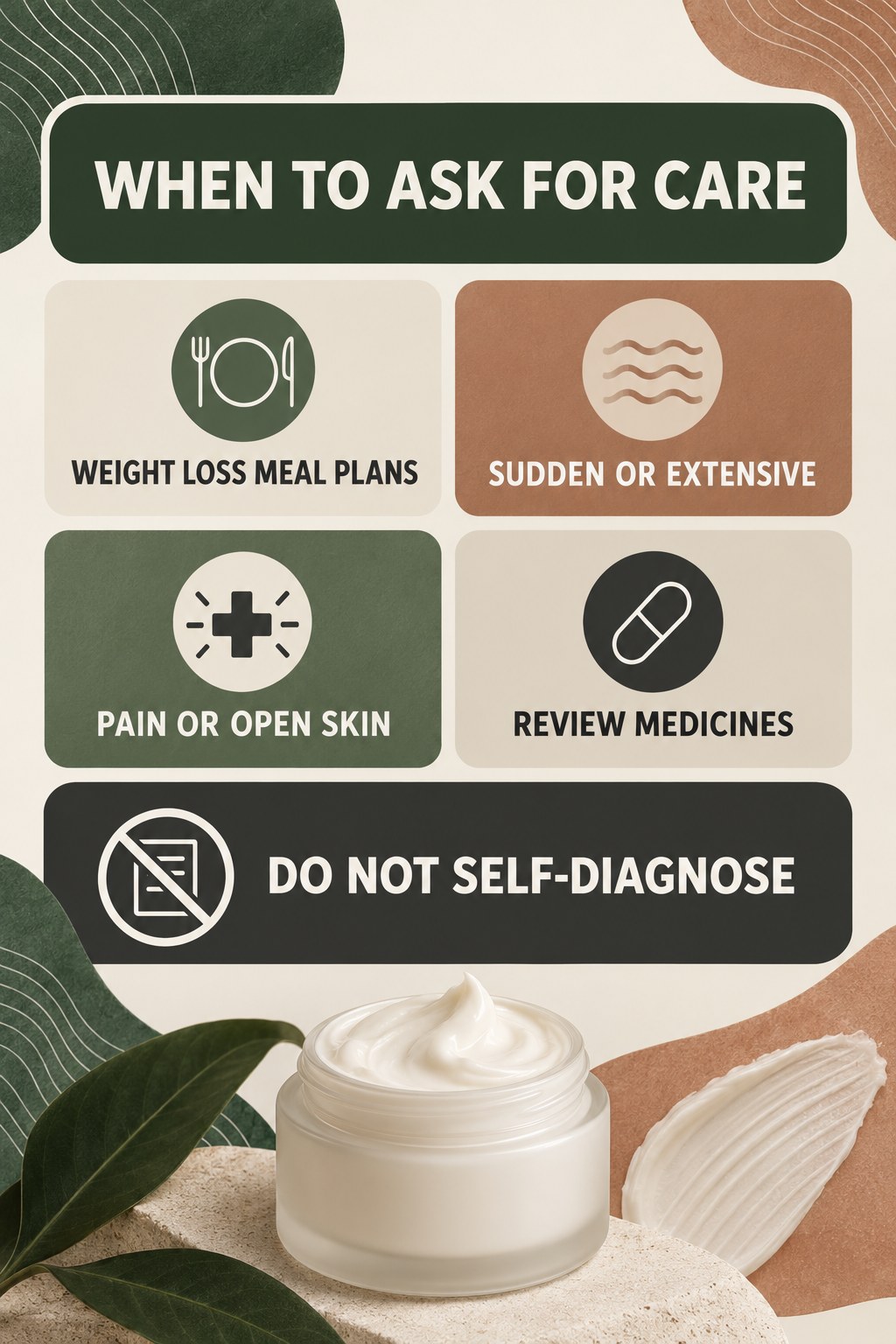 When Stretch Marks Deserve Medical Discussion infographic for Weight Loss Meal Plans with four concise, body-neutral stretch-mark skincare points.