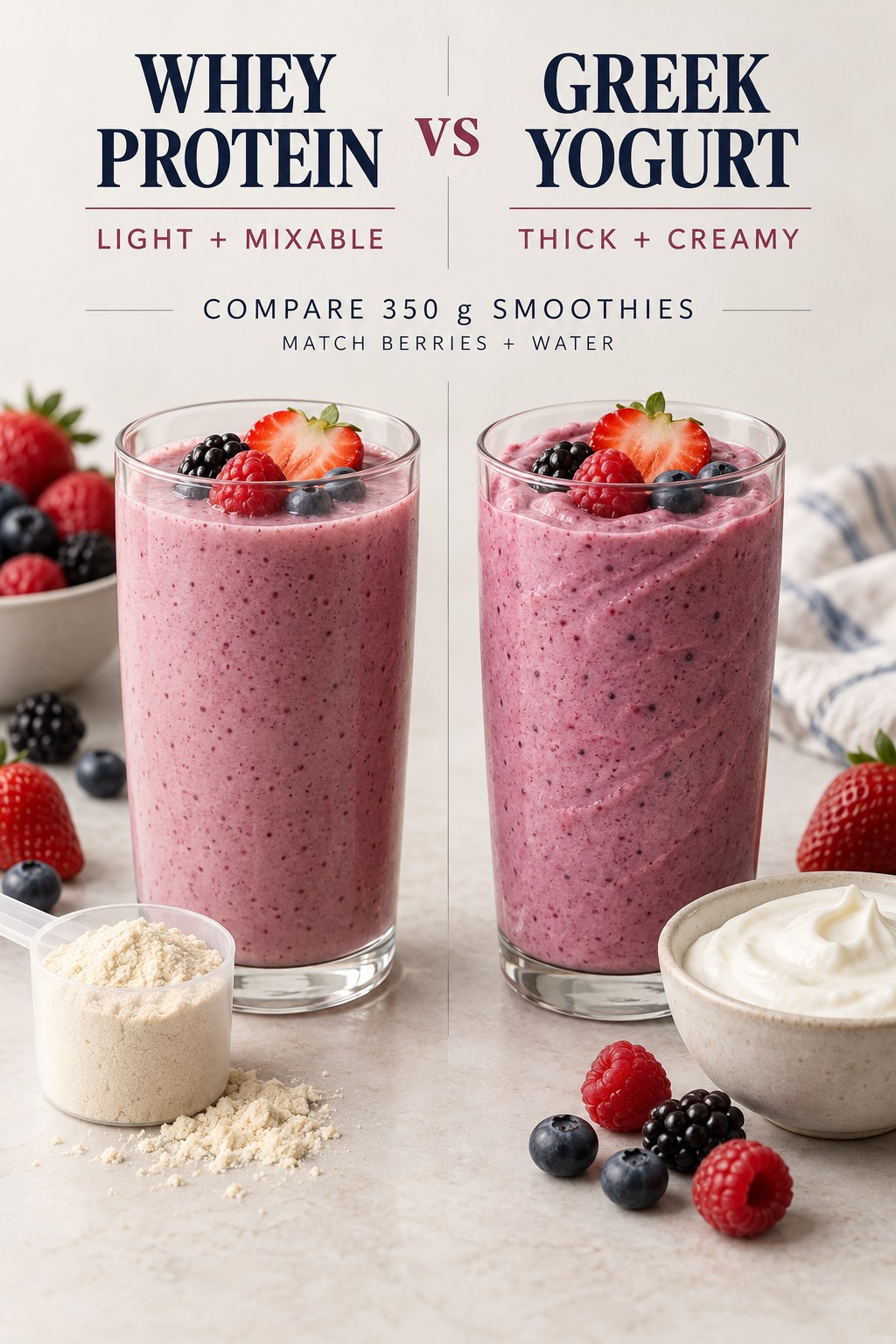 A whey protein berry smoothie and a Greek yogurt berry smoothie in equal clear glasses with matching berries.