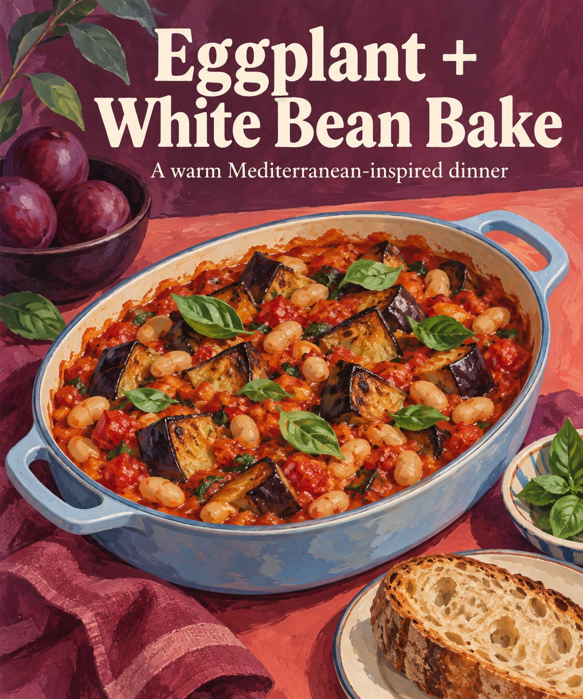 Baked eggplant, white beans, and tomatoes with basil in a shallow baking dish.