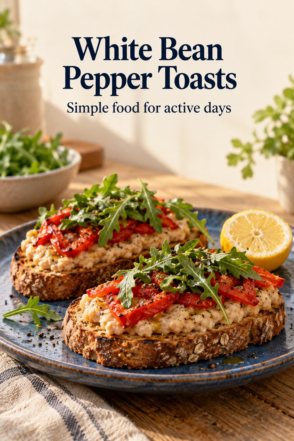 Two rustic toasts topped with mashed white beans, roasted red peppers, and arugula.