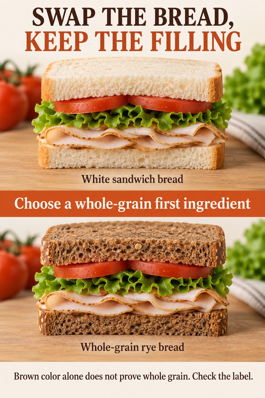 White bread and whole-grain rye sandwiches with matching fillings illustrate checking the first ingredient rather than bread color.