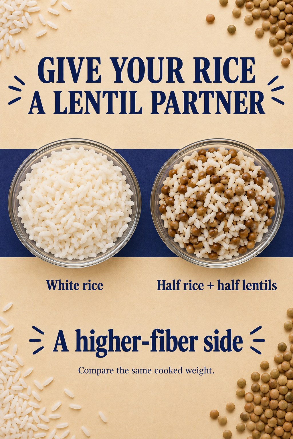 Sand and indigo graphic compares white rice with a half-rice half-lentil mixture as a higher-fiber side.