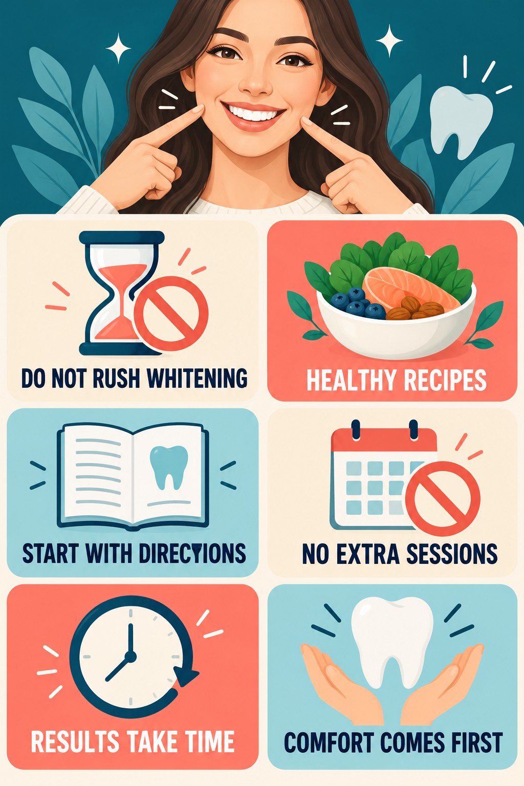 Whitening Before an Event Without Rushing infographic for Healthy Recipes with four concise whitening-sensitivity safety points.