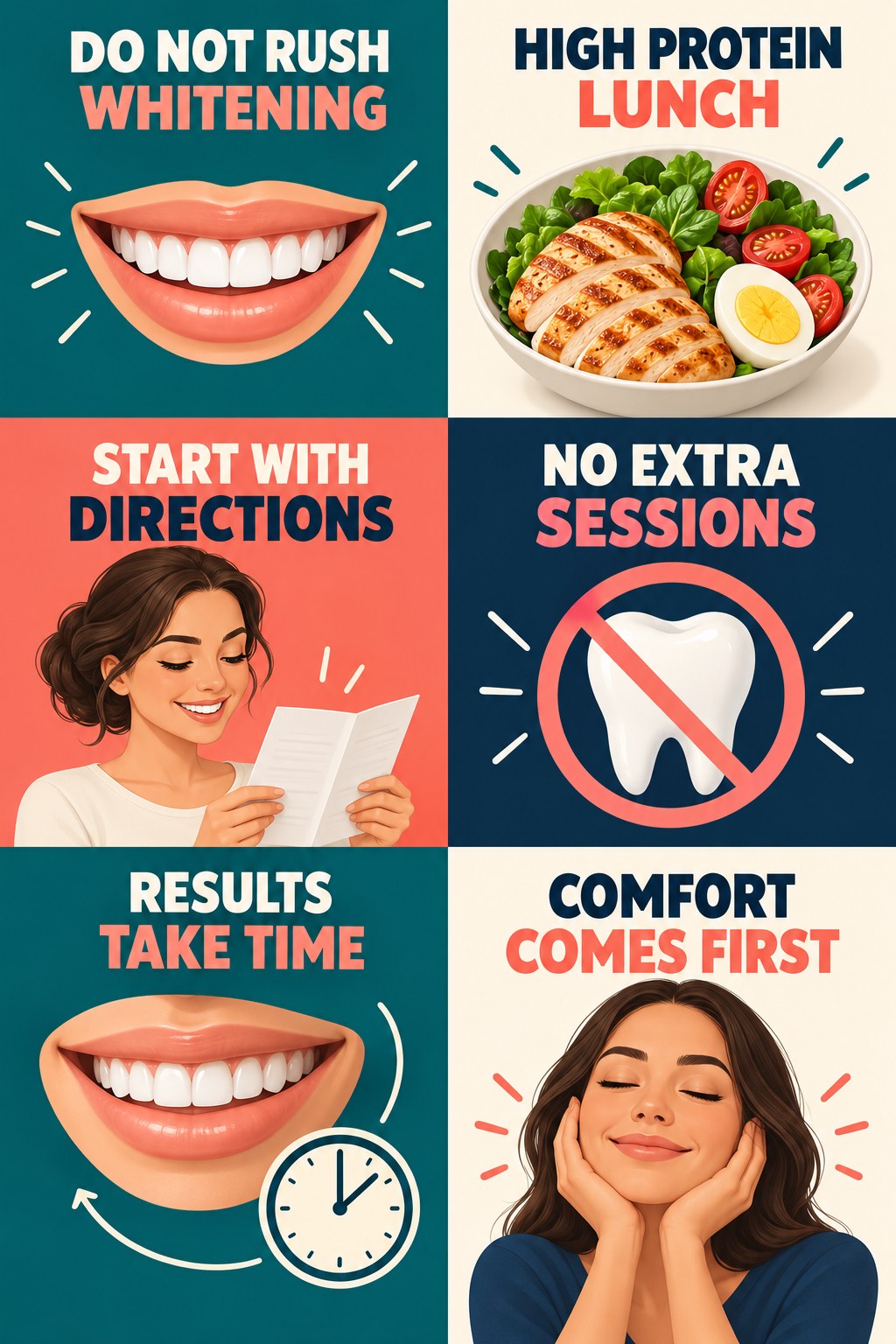 Whitening Before an Event Without Rushing infographic for High Protein Lunch with four concise whitening-sensitivity safety points.