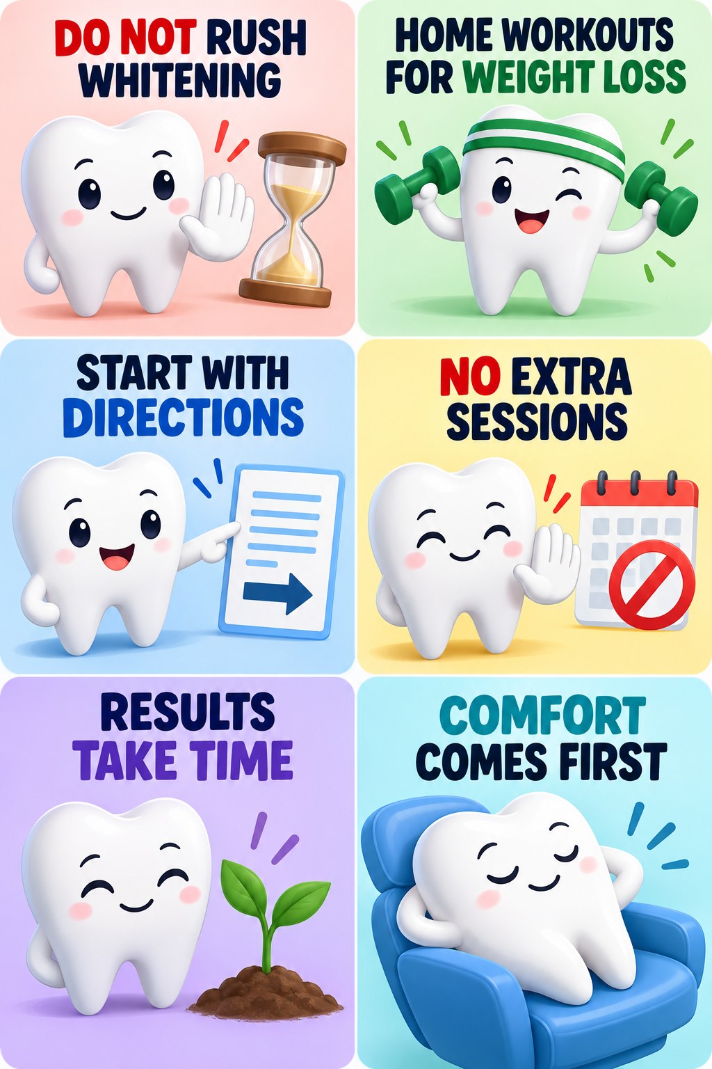 Whitening Before an Event Without Rushing infographic for Home Workouts for Weight Loss with four concise whitening-sensitivity safety points.