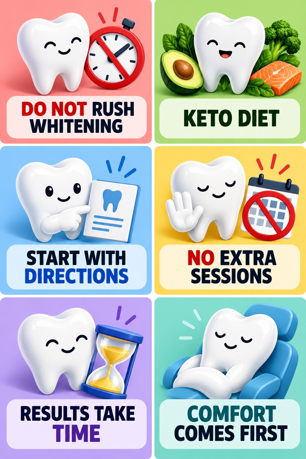 Whitening Before an Event Without Rushing infographic for Keto Diet with four concise whitening-sensitivity safety points.