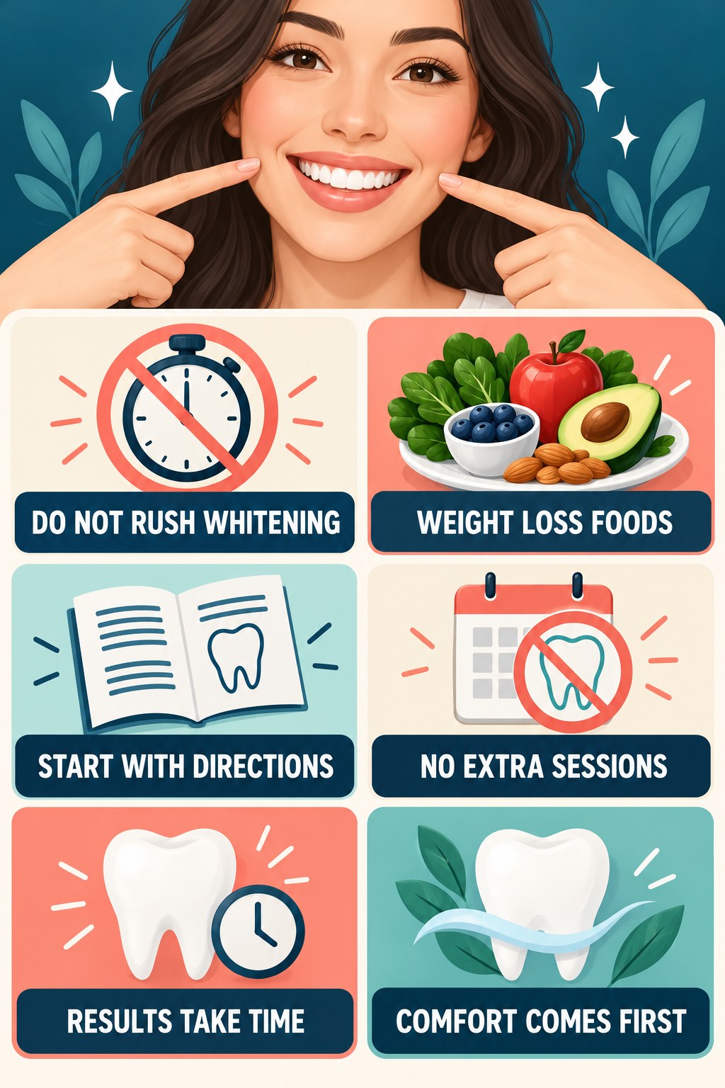 Whitening Before an Event Without Rushing infographic for Weight Loss Foods with four concise whitening-sensitivity safety points.