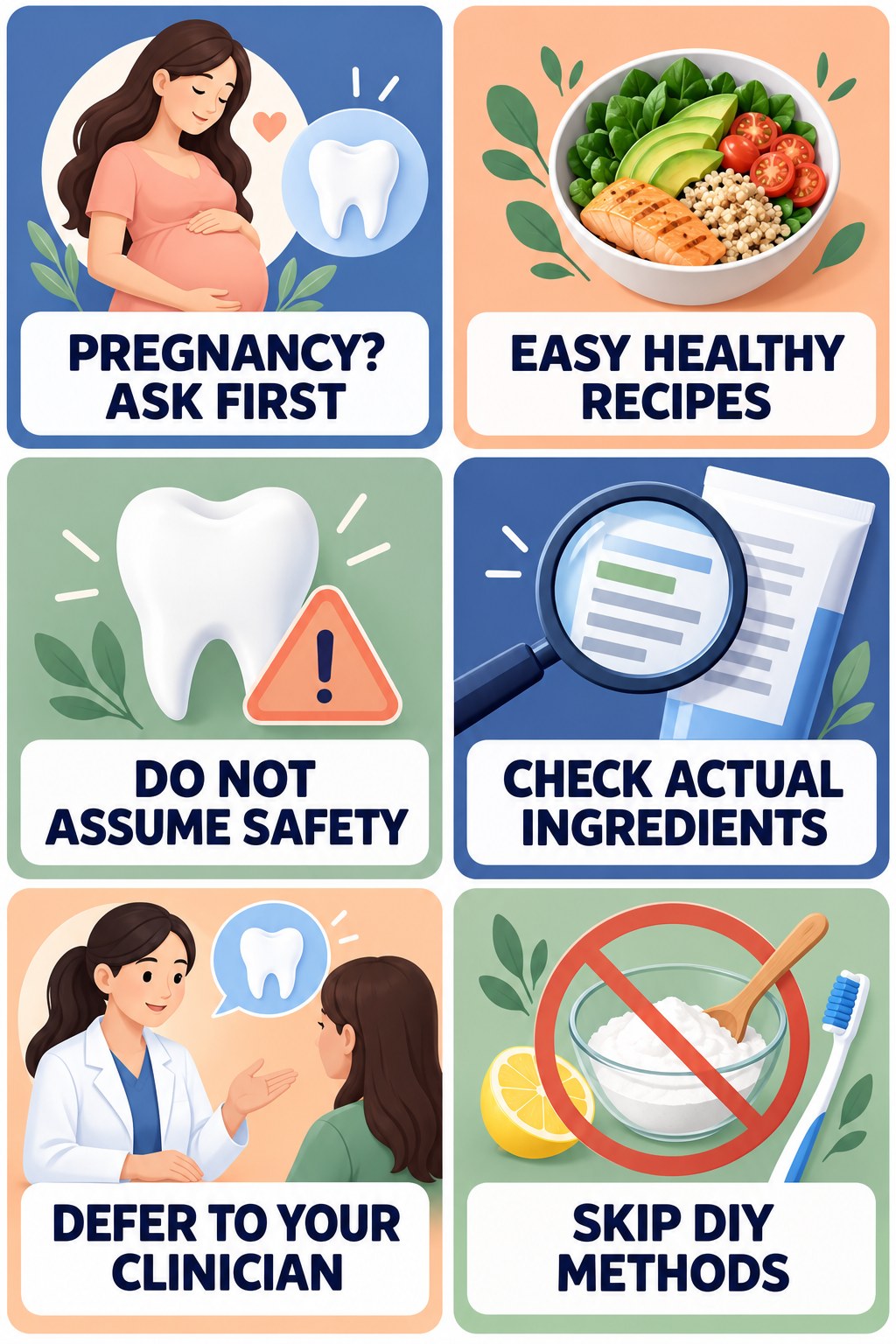 Whitening During Pregnancy Requires Caution infographic for Easy Healthy Recipes with four concise whitening-sensitivity safety points.