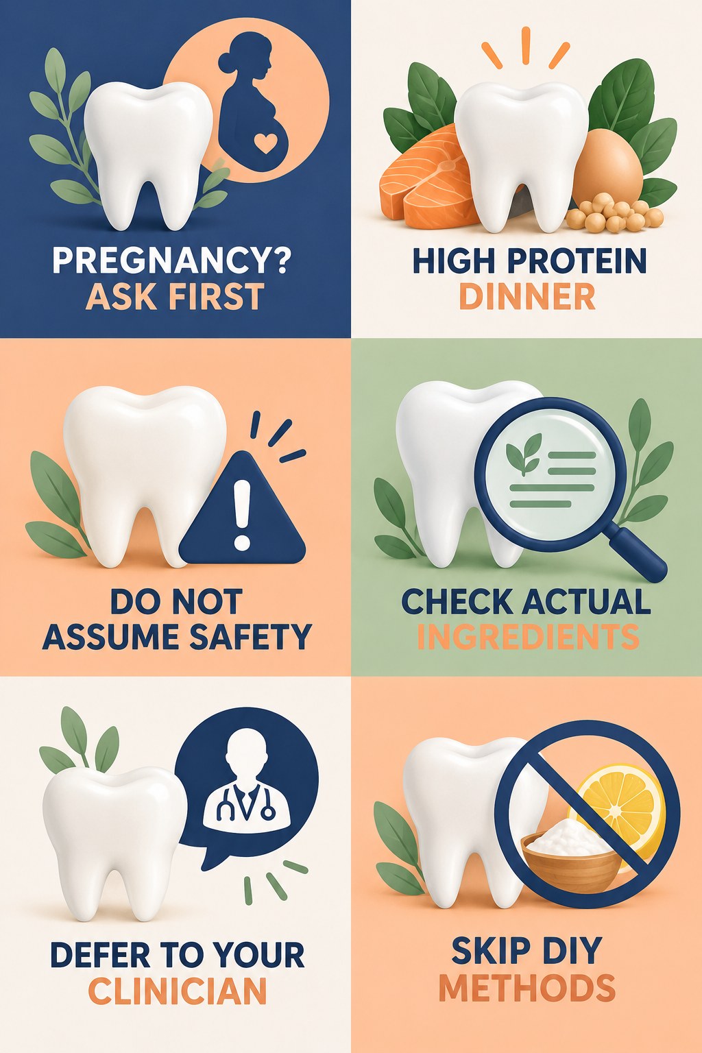 Whitening During Pregnancy Requires Caution infographic for High Protein Dinner with four concise whitening-sensitivity safety points.