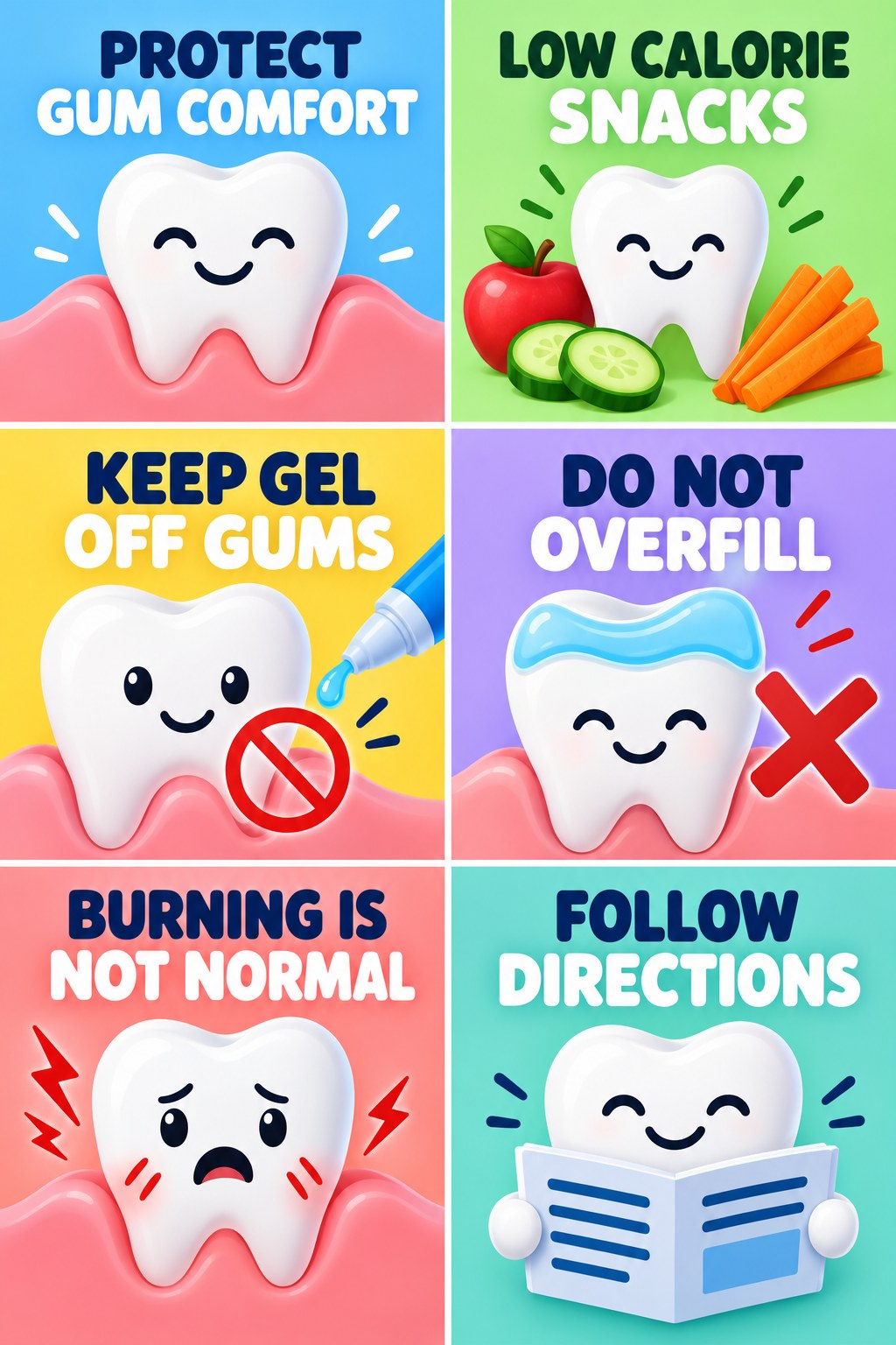 Whitening Gel and Gum-Irritation Awareness infographic for Low Calorie Snacks with four concise whitening-sensitivity safety points.