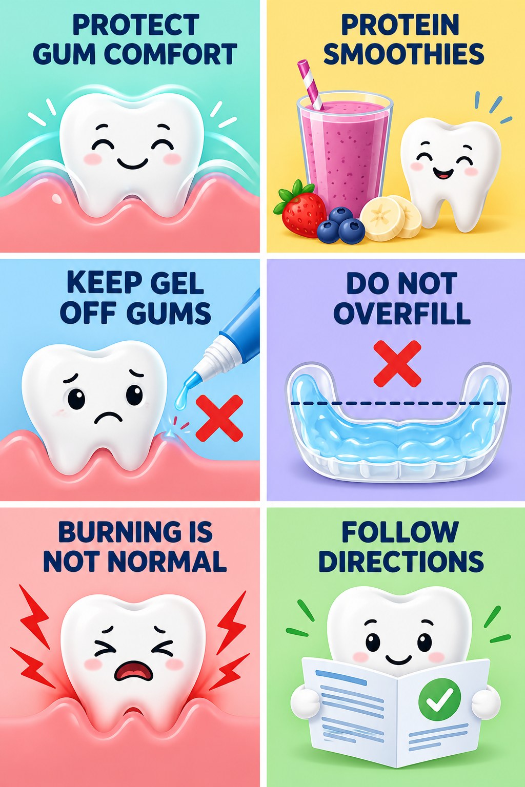 Whitening Gel and Gum-Irritation Awareness infographic for Protein Smoothies with four concise whitening-sensitivity safety points.