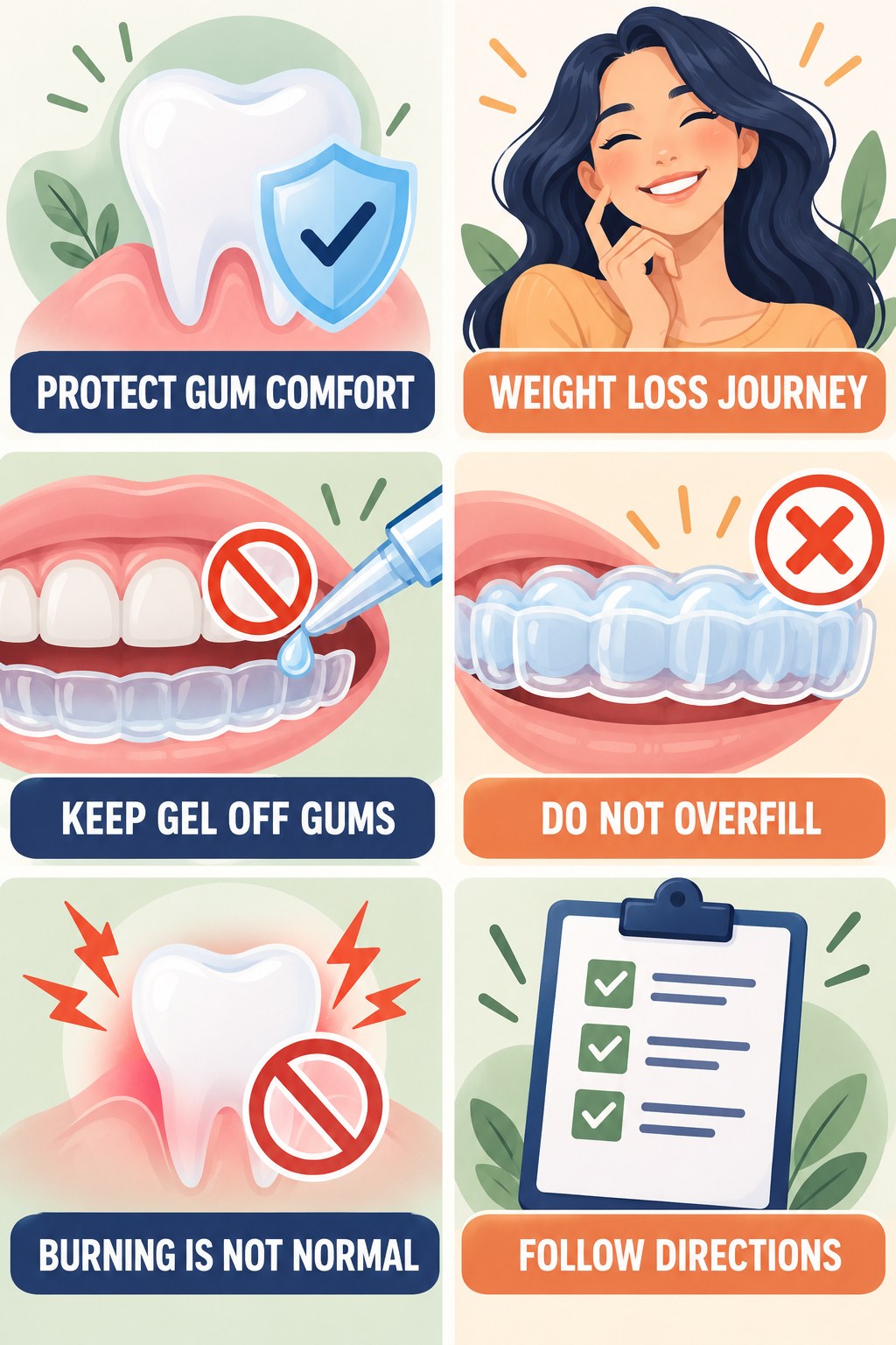 Whitening Gel and Gum-Irritation Awareness infographic for Weight Loss Journey with four concise whitening-sensitivity safety points.