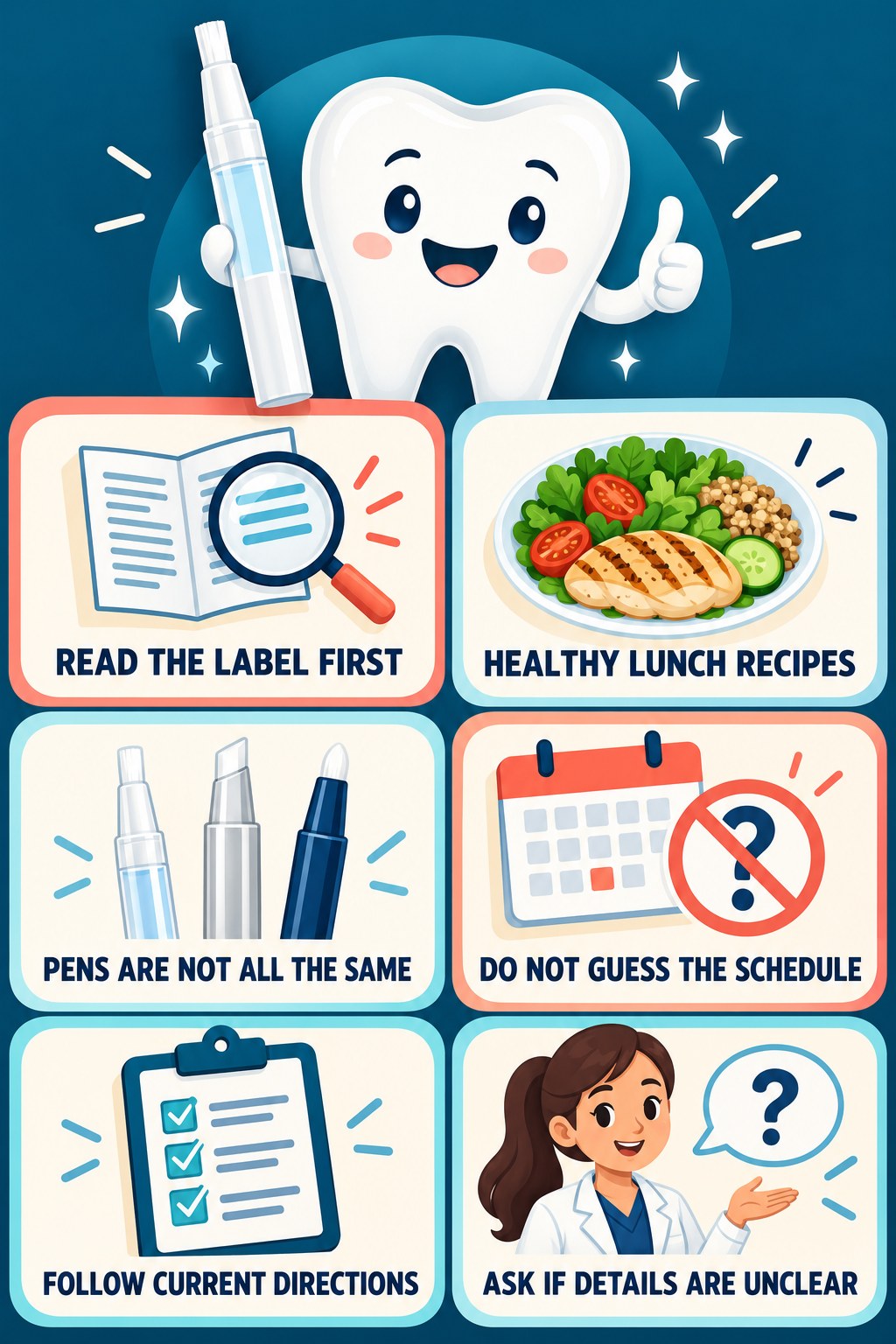 Whitening Gel Pen Label-Reading Basics infographic for Healthy Lunch Recipes with four concise whitening-gel-pen safety points.