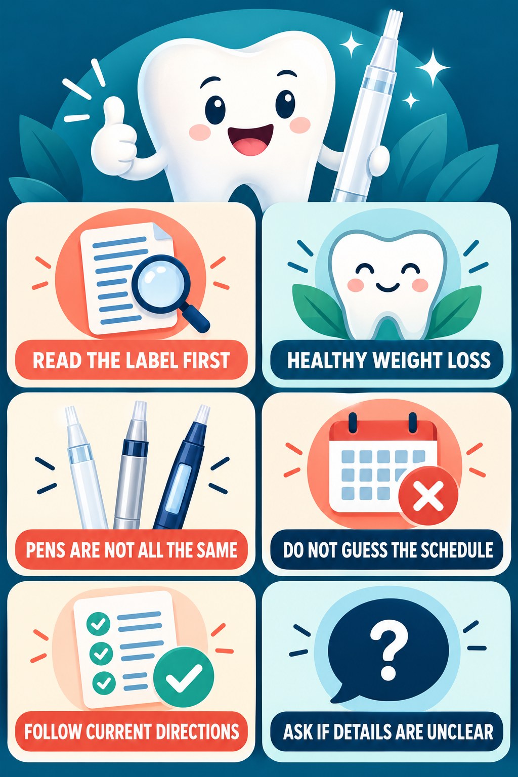 Whitening Gel Pen Label-Reading Basics infographic for Healthy Weight Loss with four concise whitening-gel-pen safety points.