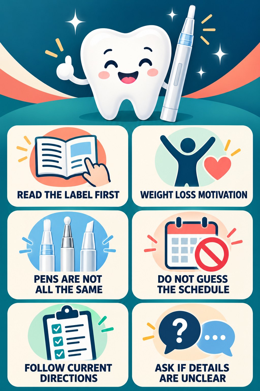 Whitening Gel Pen Label-Reading Basics infographic for Weight Loss Motivation with four concise whitening-gel-pen safety points.
