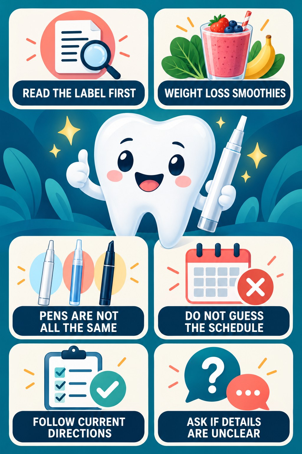 Whitening Gel Pen Label-Reading Basics infographic for Weight Loss Smoothies with four concise whitening-gel-pen safety points.