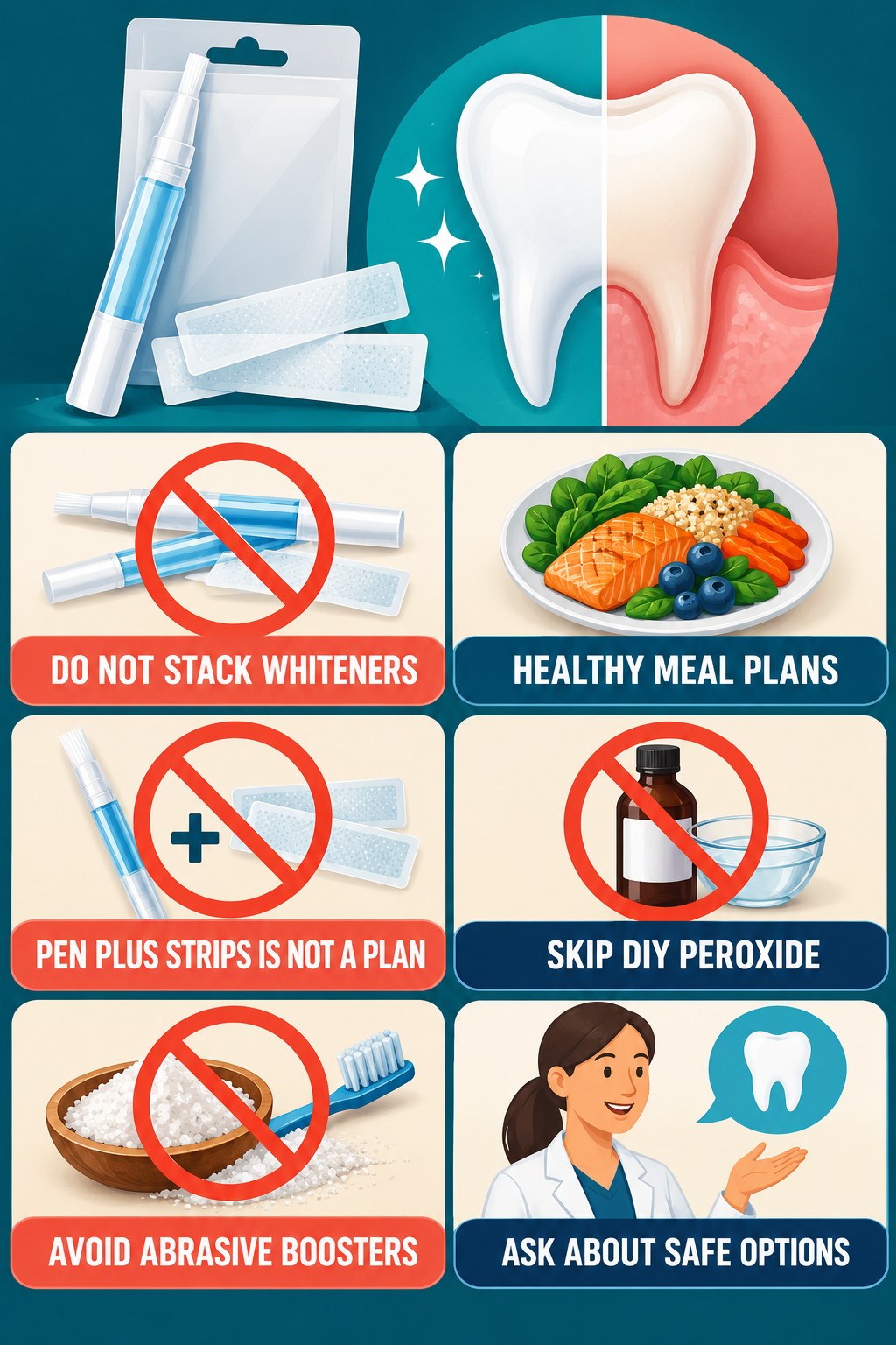 Whitening Method Stacking Myth Check infographic for Healthy Meal Plans with four concise whitening-gel-pen safety points.